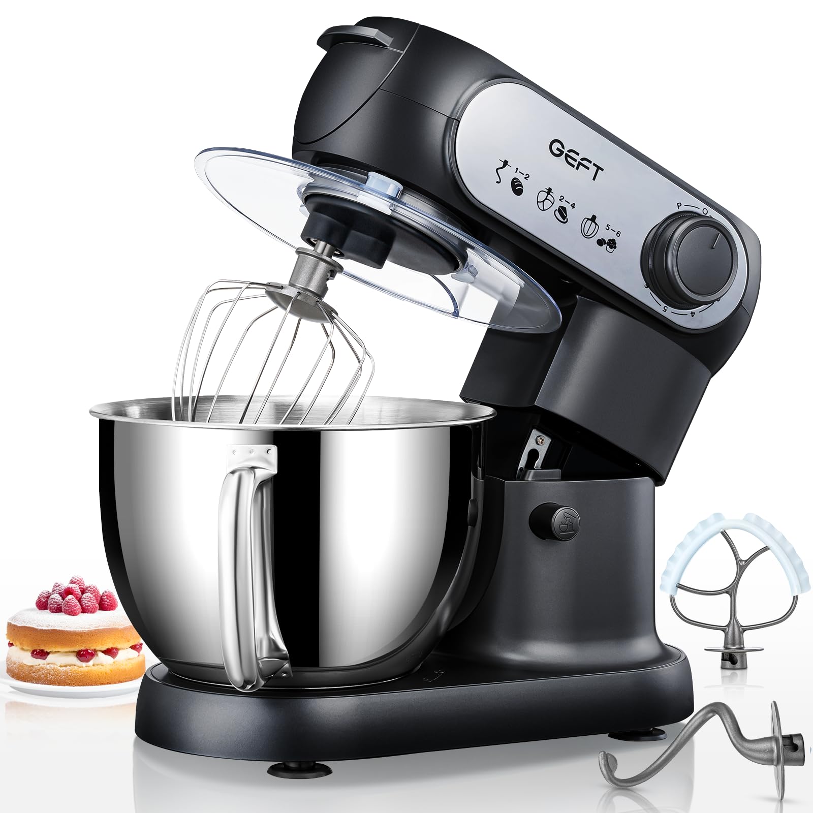 6 QT 600W Tilt-Head Stand Mixer - Powerful Electric Kitchen Mixer with Stainless Steel Bowl, Dishwasher-Safe Dough Hook, Flat Beater & Wire Whisk - Perfect for Baking Bread, Cookies, Cakes & More (Black)