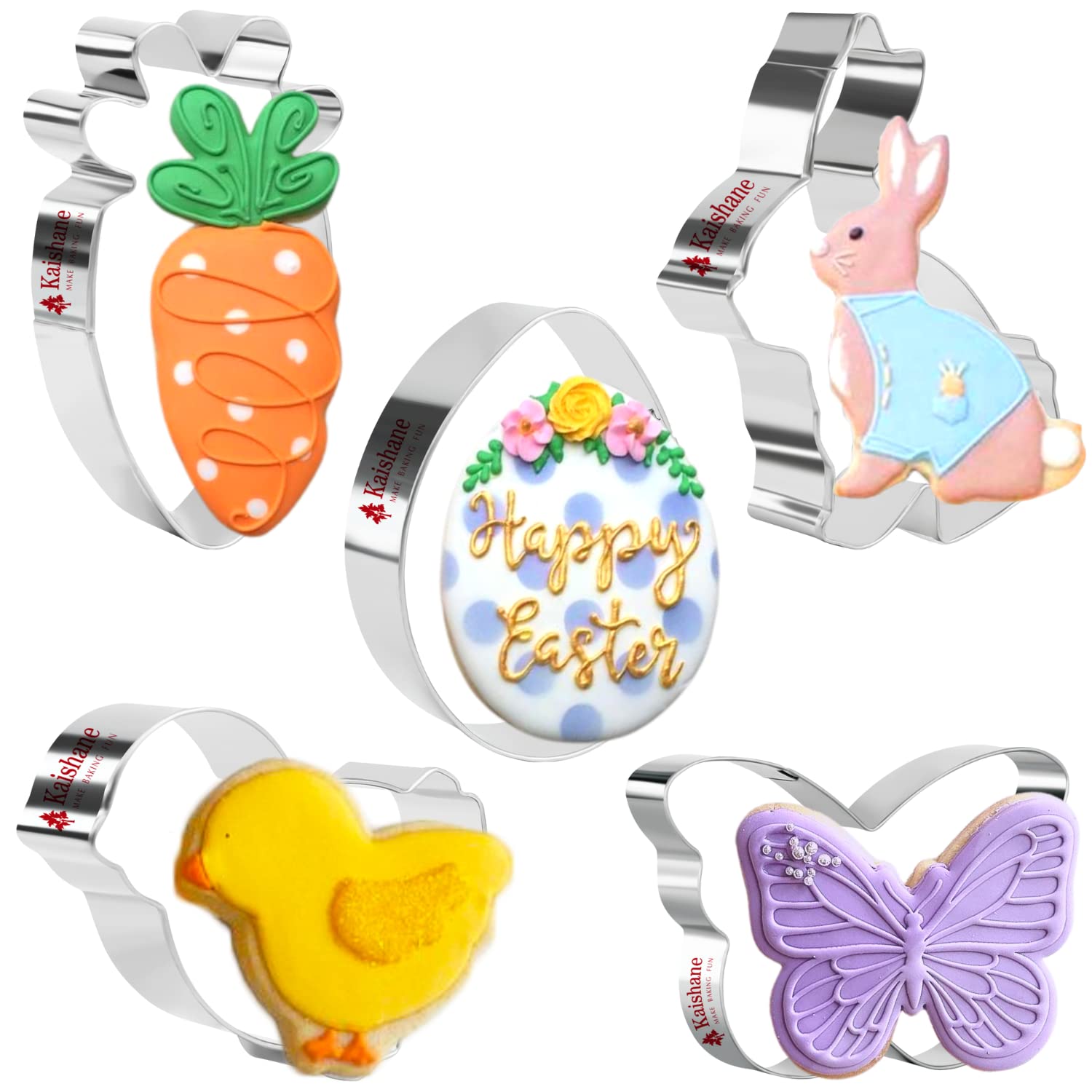 KAISHANE 5-Piece Stainless Steel Easter Cookie Cutter Set - Bunny, Egg, Carrot, Chick & Butterfly Shapes for Holiday Baking | Perfect for Easter Cookies, Cupcake Decorations & DIY Crafts