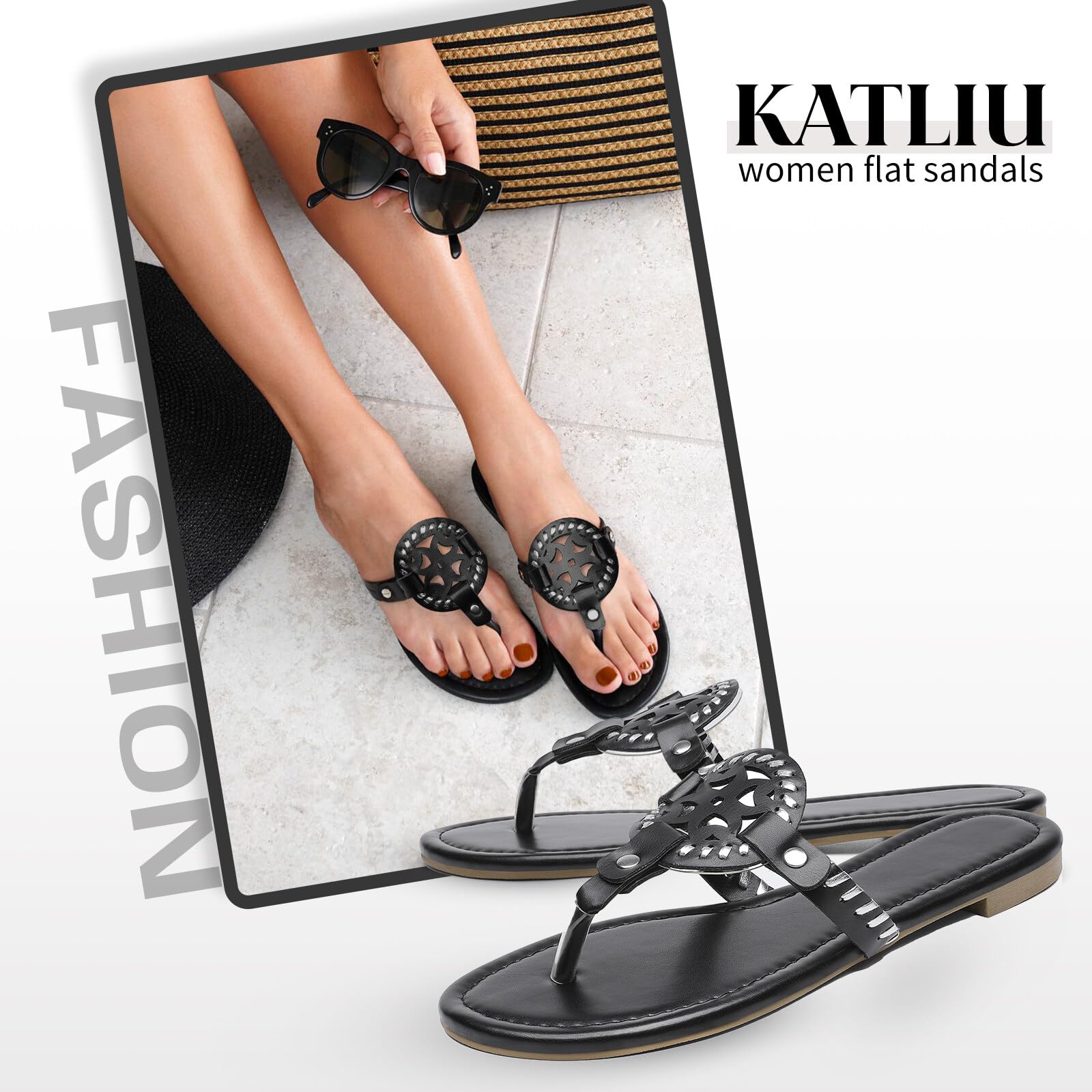 Katliu Women's Flat Sandals - Comfortable Flip Flop Thong Sandals for Summer | Cute Dressy Beach Sandals for Women | Perfect for Vacation, Poolside & Casual Outings