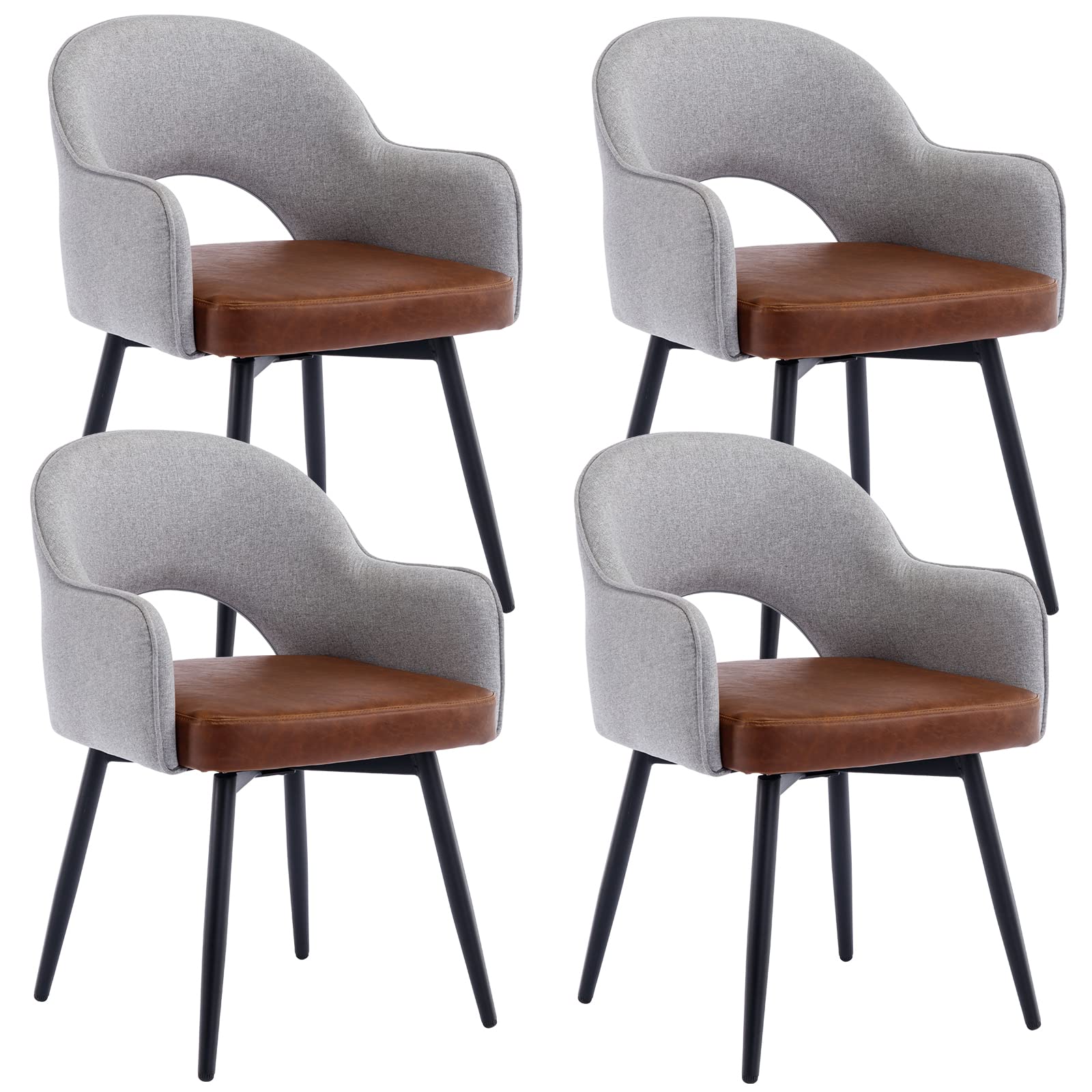 DUOMAY Modern Swivel Dining Chairs Set of 4 - Linen & Faux Leather Upholstered Accent Side Chairs for Home, Office or Dining Room - No Wheels Desk Chairs in Light Grey - Perfect for Living Rooms, Home Offices and Elegant Dining Spaces