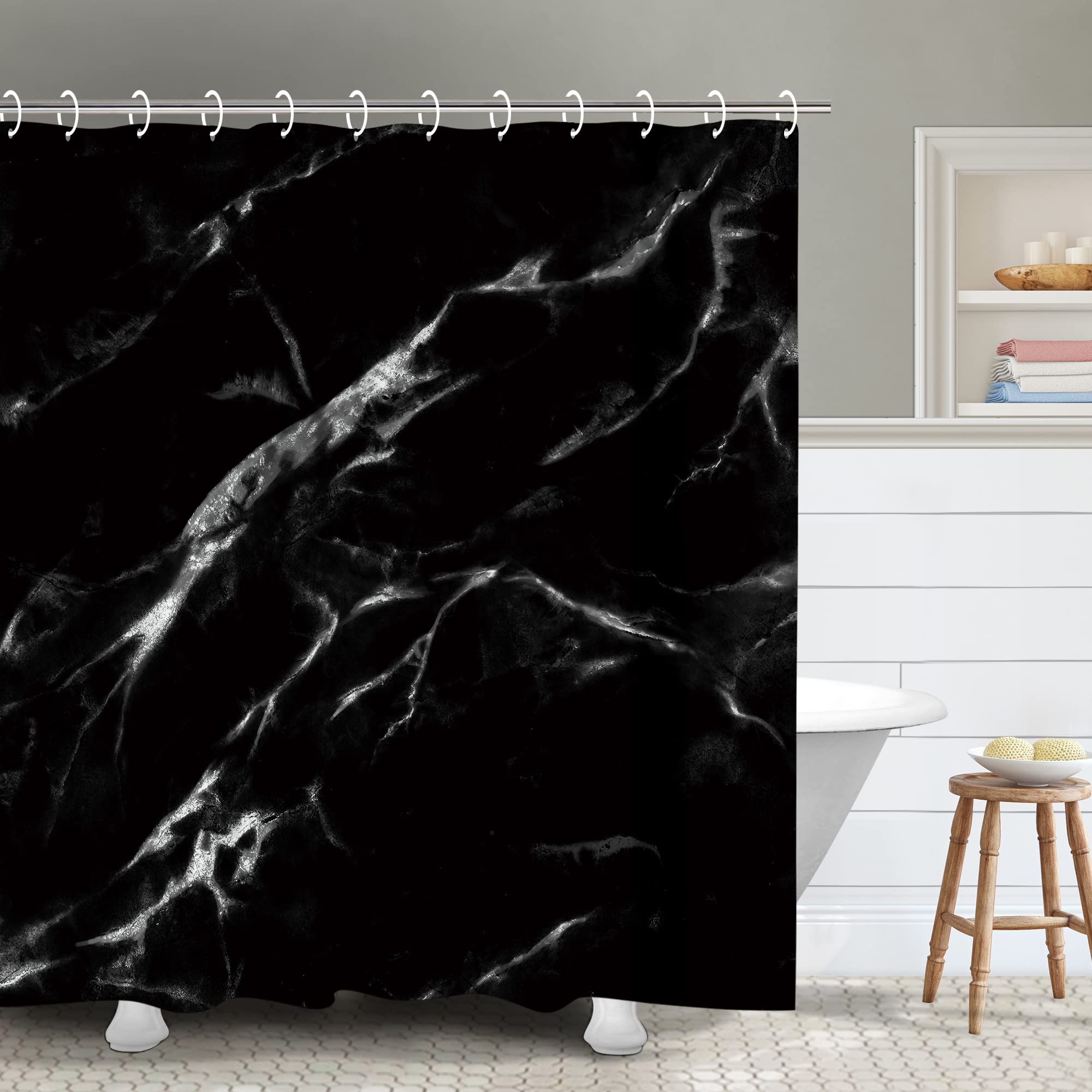 RosieLily Black Marble Shower Curtain Set with 12 Hooks - Waterproof Bathroom Decor 72x72 Inches - Elegant Modern Shower Curtain for Bathroom, Hotel & Spa (Black Marble Pattern)