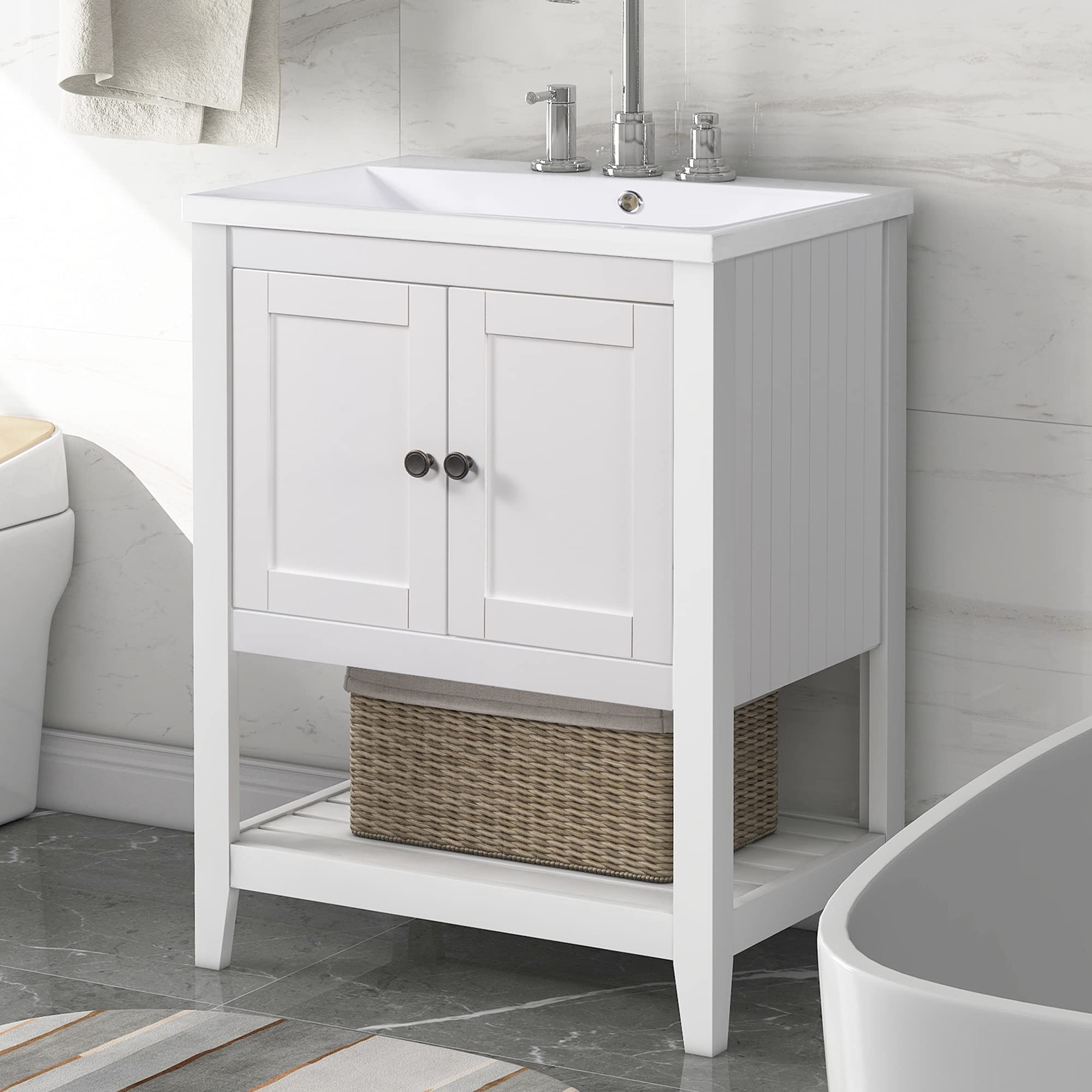 Modern White Bathroom Vanity with Ceramic Sink & Solid Wood Frame - Open Shelf Design for Small Bathrooms, Powder Rooms & Guest Baths - Perfect for Contemporary Home Decor & Space-Saving Storage Solutions