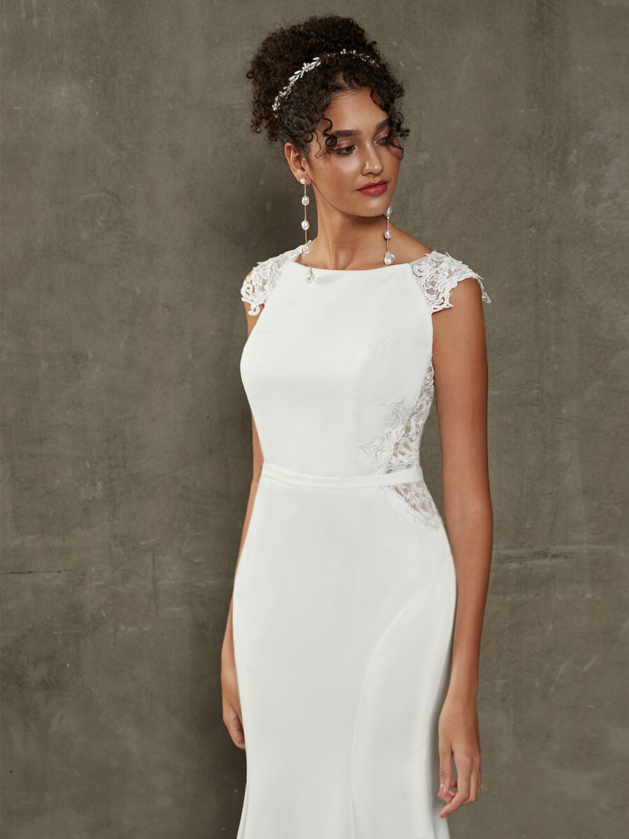 Elegant Double FDY Illusion Back Cap Sleeve Mermaid Wedding Dress with Lace Train - Perfect for Beach, Church, and Formal Wedding Ceremonies