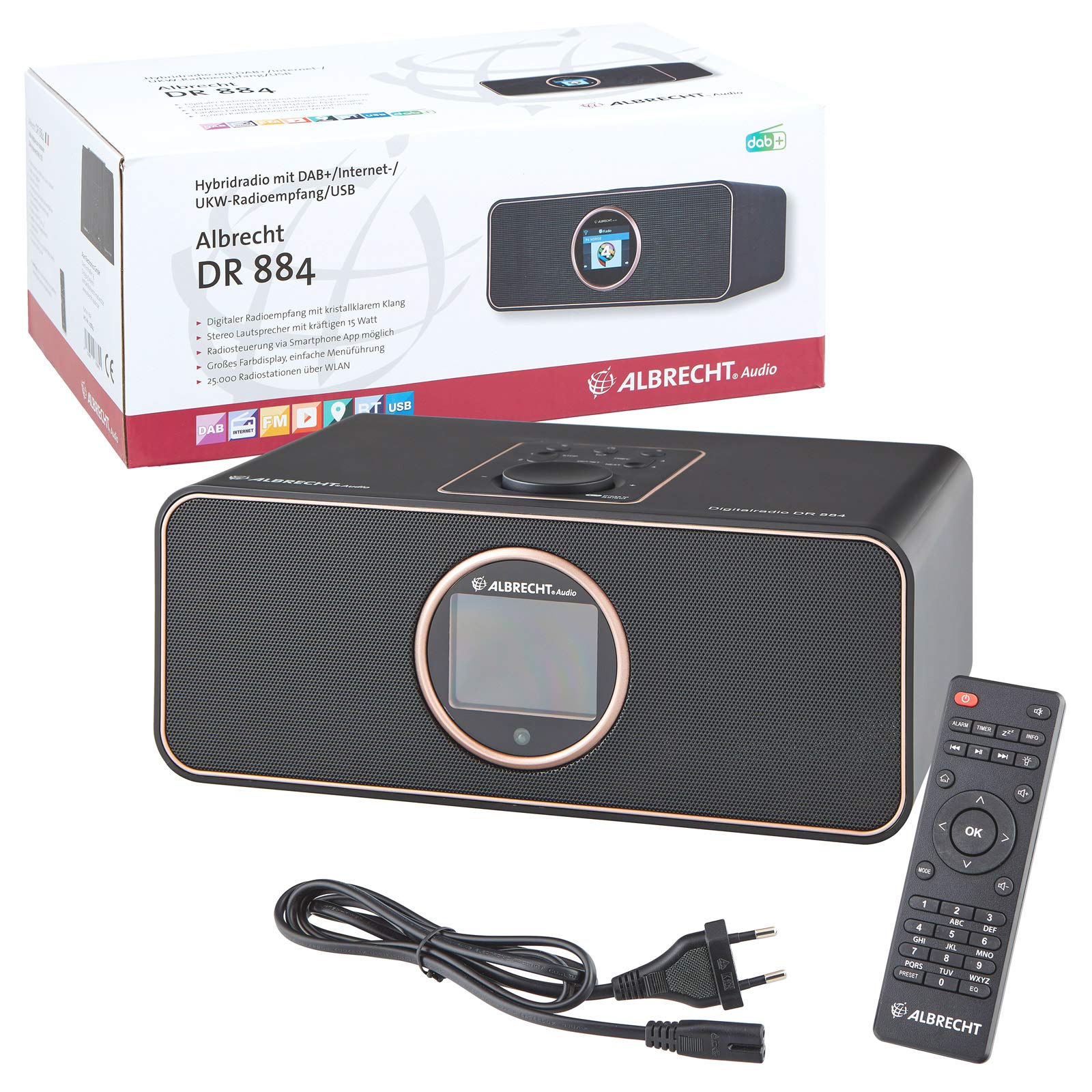 Albrecht DR 884 Compact Digital Radio System - DAB+, FM RDS, Bluetooth, USB, Color Display, Smartphone Music Streaming, 2x7W Output (Black) - Perfect for Home, Office, and Travel Use