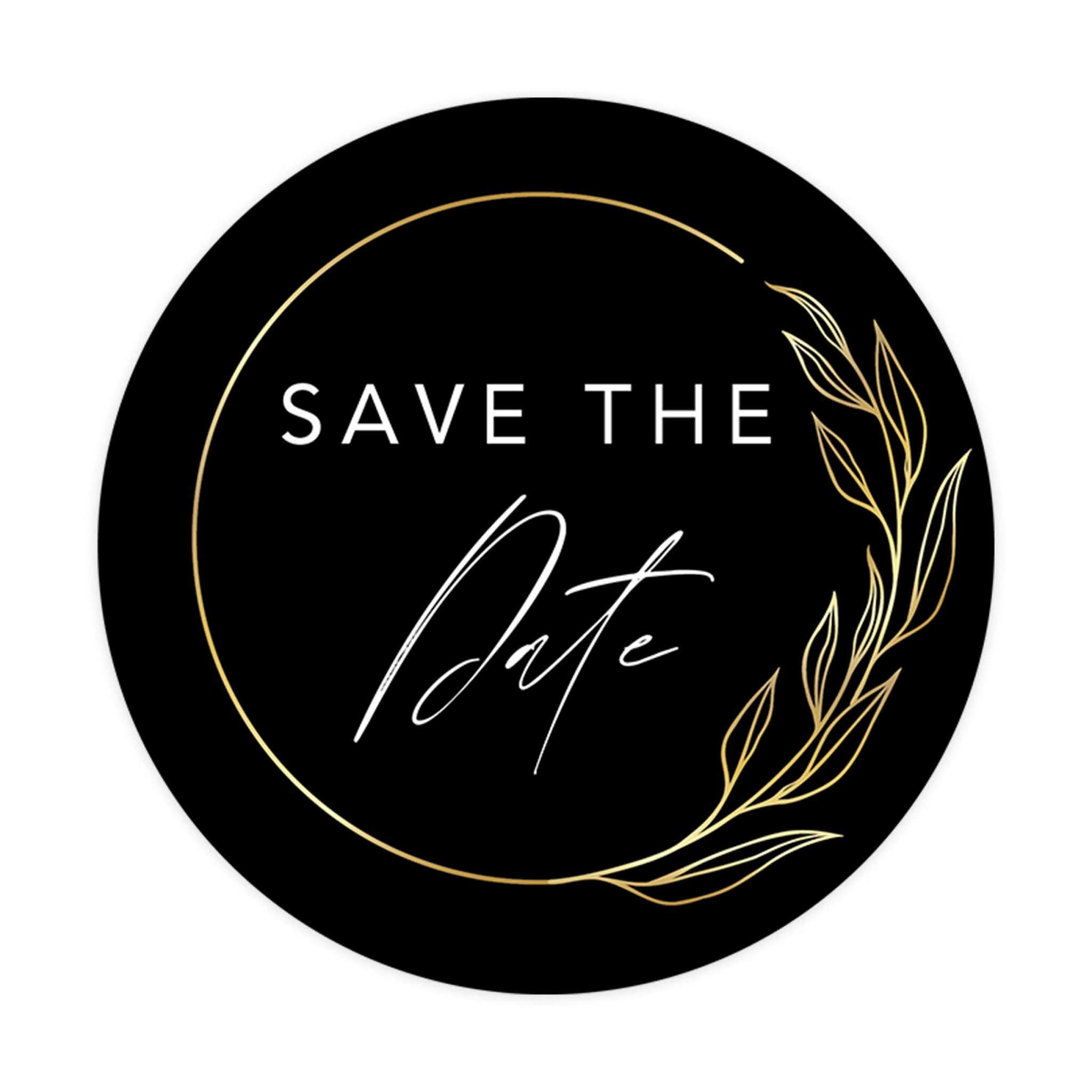 Save The Date Stickers - 2 Inch Round Wedding Seals with Black & Gold Leaf Frame Design (120-Pack) for Invitations, Envelopes & Stationery - Perfect for DIY Wedding Planning & Bridal Shower Decorations