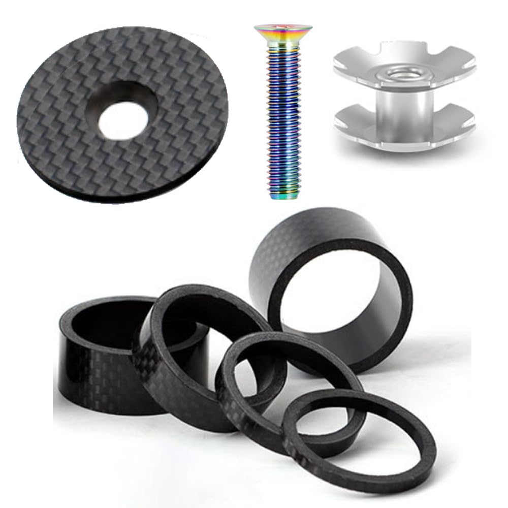 3K Carbon Fiber Bike Headset Spacer Kit (3/5/10/15/20mm) with Top Cap, Star Nut & Titanium Bolt - Compatible with 1-1/8