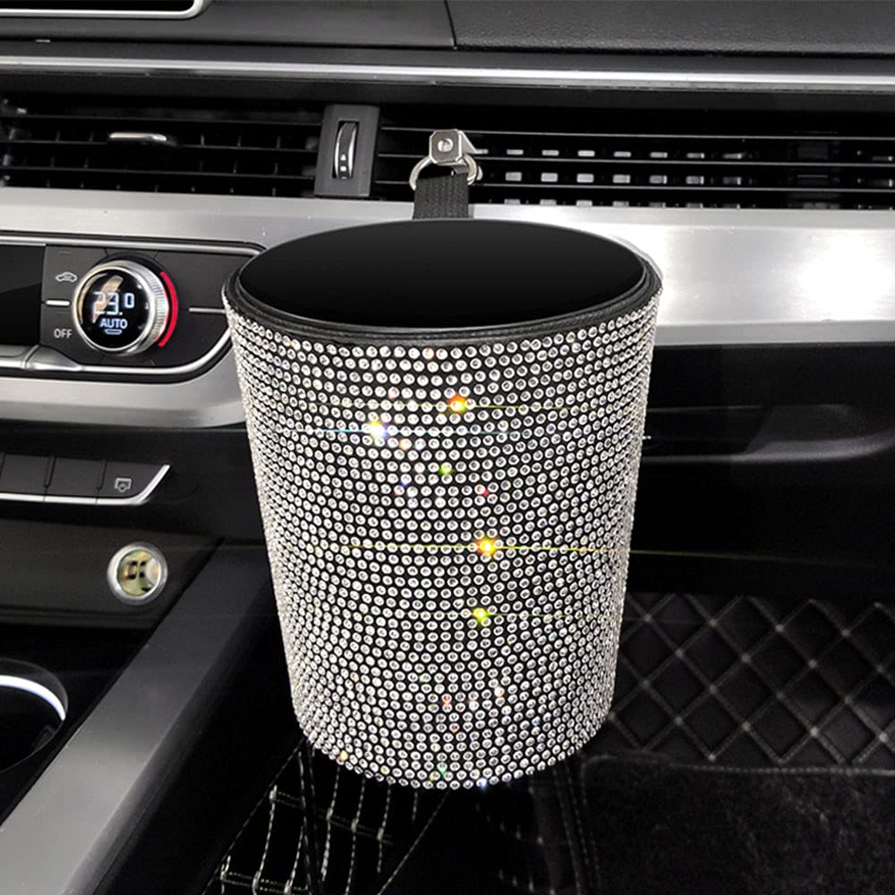 Bling Car Garbage Trash Can - Glitter Diamond Hanging Trash Bin, Multifunctional Car Organizer Storage Box (Silver) | Perfect for Road Trips, Commuting & Keeping Your Vehicle Clean