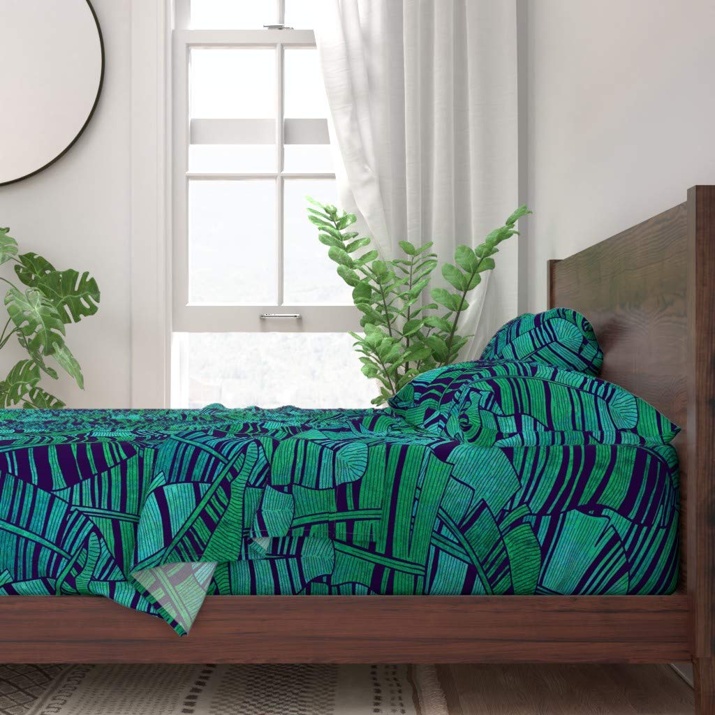 Tropical Leaves Banana Jungle Print 100% Cotton Twin Sheet Set - 3pc Custom Bedding with Exotic Green Watercolor Design | Perfect for Summer Decor, Island Themed Bedrooms & Boho Chic Home Styling