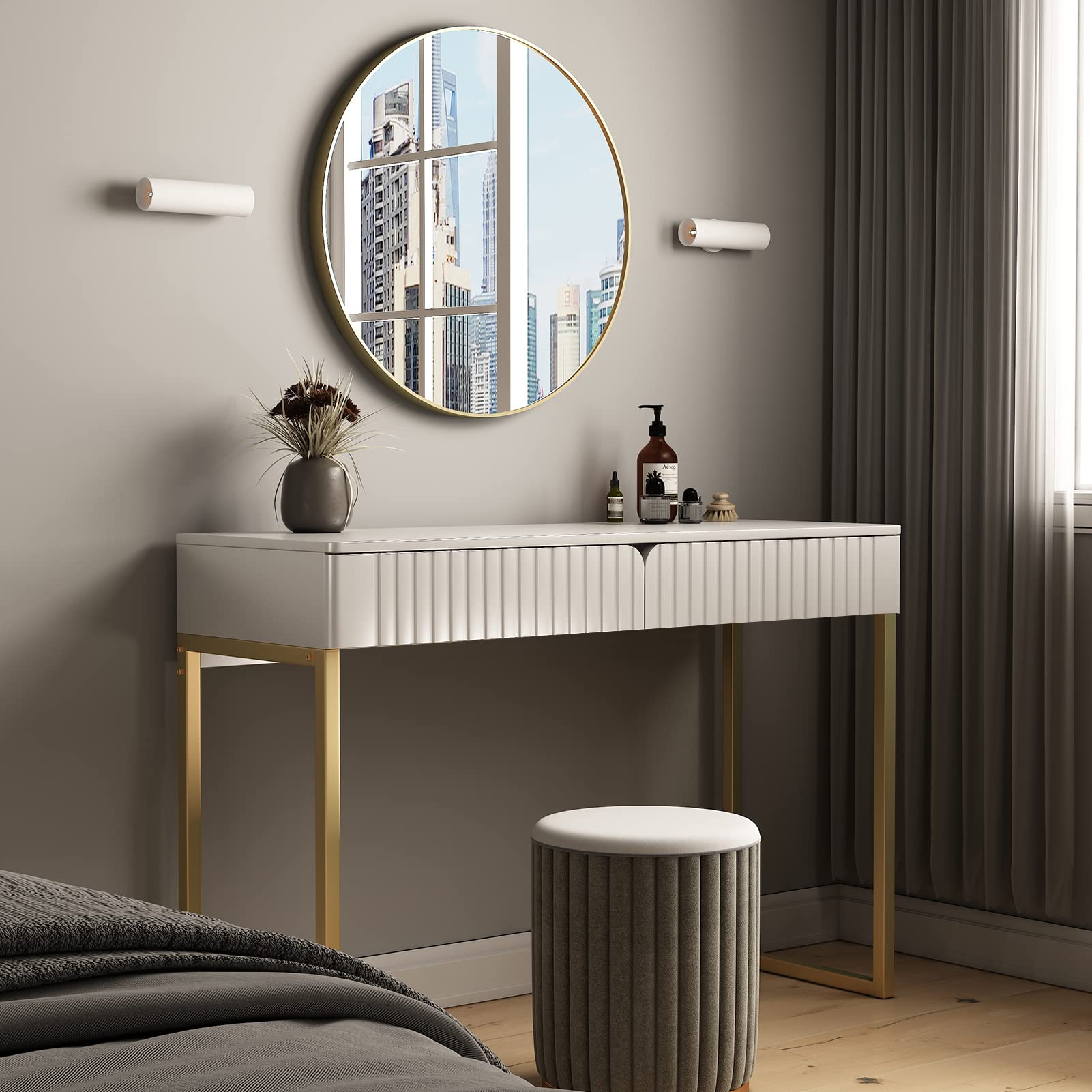 Modern Gold Legs Writing Desk with 2 Drawers - 43.3x15.75 Inch Home Office Desk for Computer Work, Makeup Vanity, Study or Entryway Sofa Table - Perfect for Small Spaces & Contemporary Decor