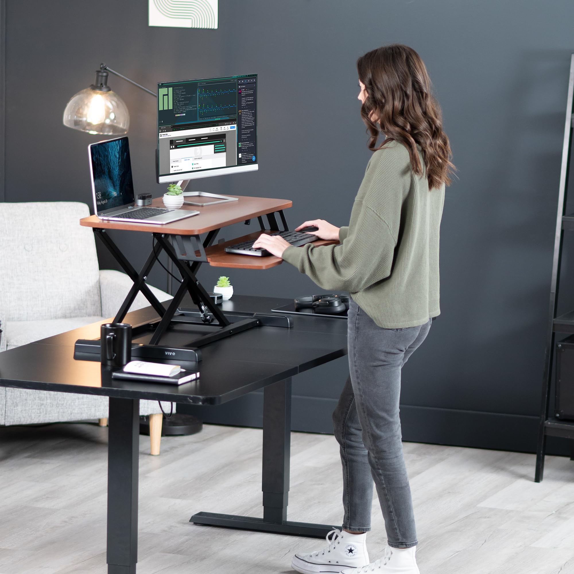 VIVO 32 Inch Height Adjustable Standing Desk Converter - K Series Sit Stand Riser with Wide Keyboard Tray, Dark Walnut Top & Black Frame - Dual Monitor & Laptop Workstation for Home Office & Gaming Setup