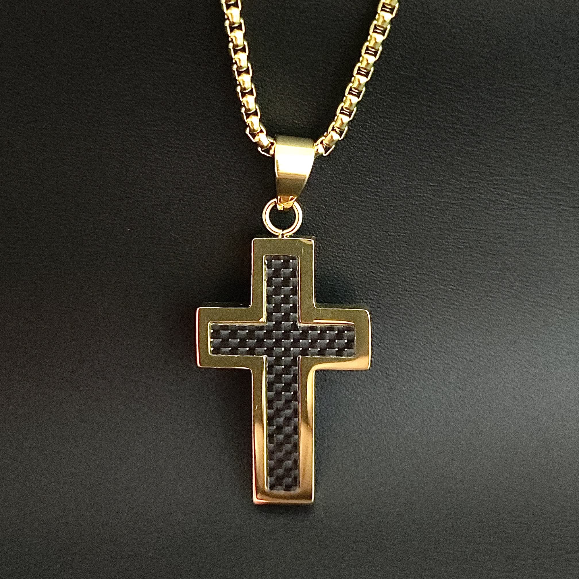 Stainless Steel & Black Carbon Fiber Cross Pendant Necklace for Men - 18