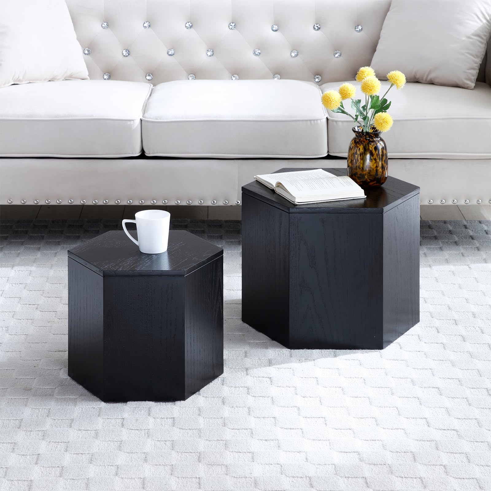 Hexagonal Nesting Coffee Table Set of 2 - Black Wooden Side Tables for Small Spaces | Modern Living Room Furniture for Apartments & Cozy Homes