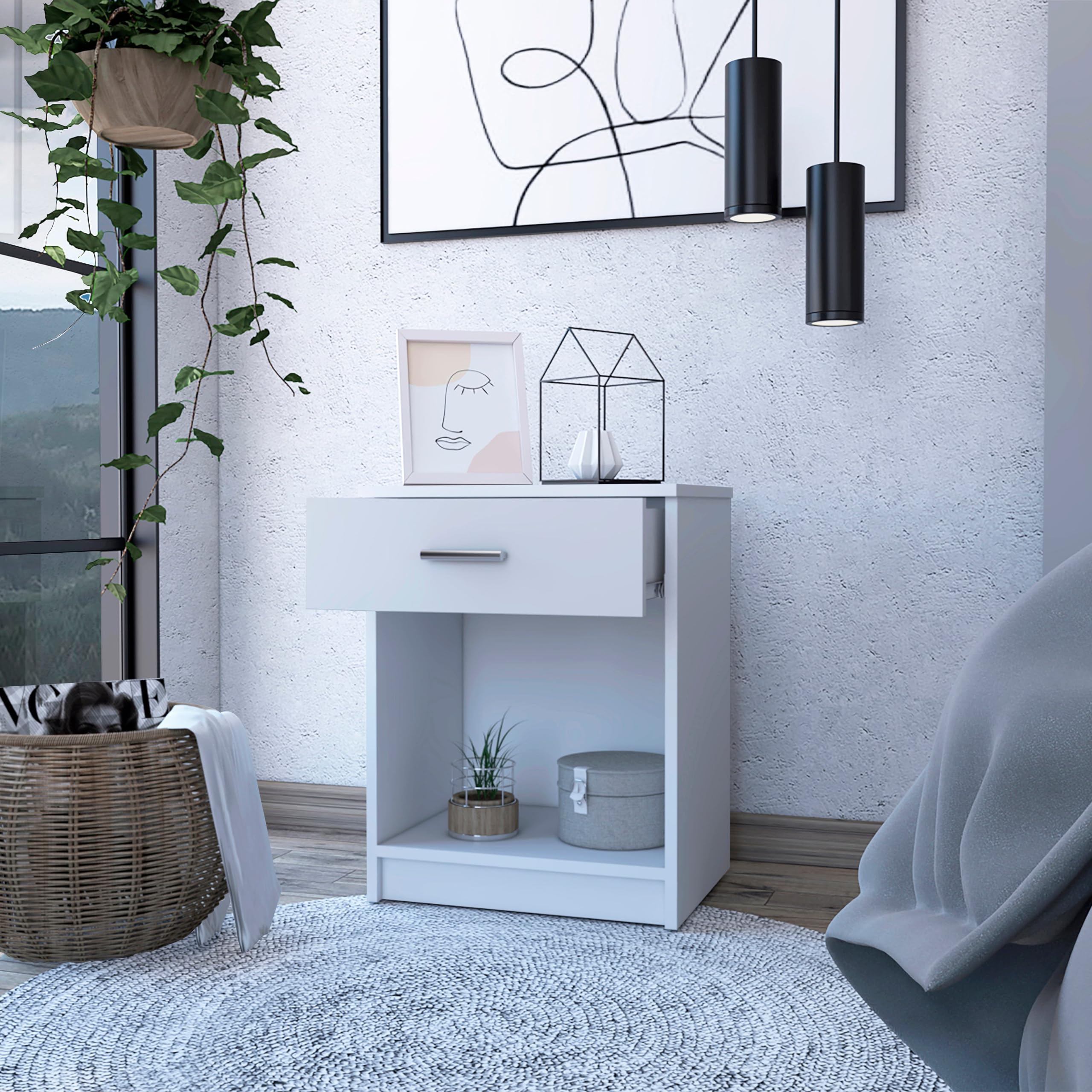 Tuhome White Eco-Friendly Nightstand with Superior Top, One Drawer and Lower Shelf - Perfect for Bedroom, Living Room or Office