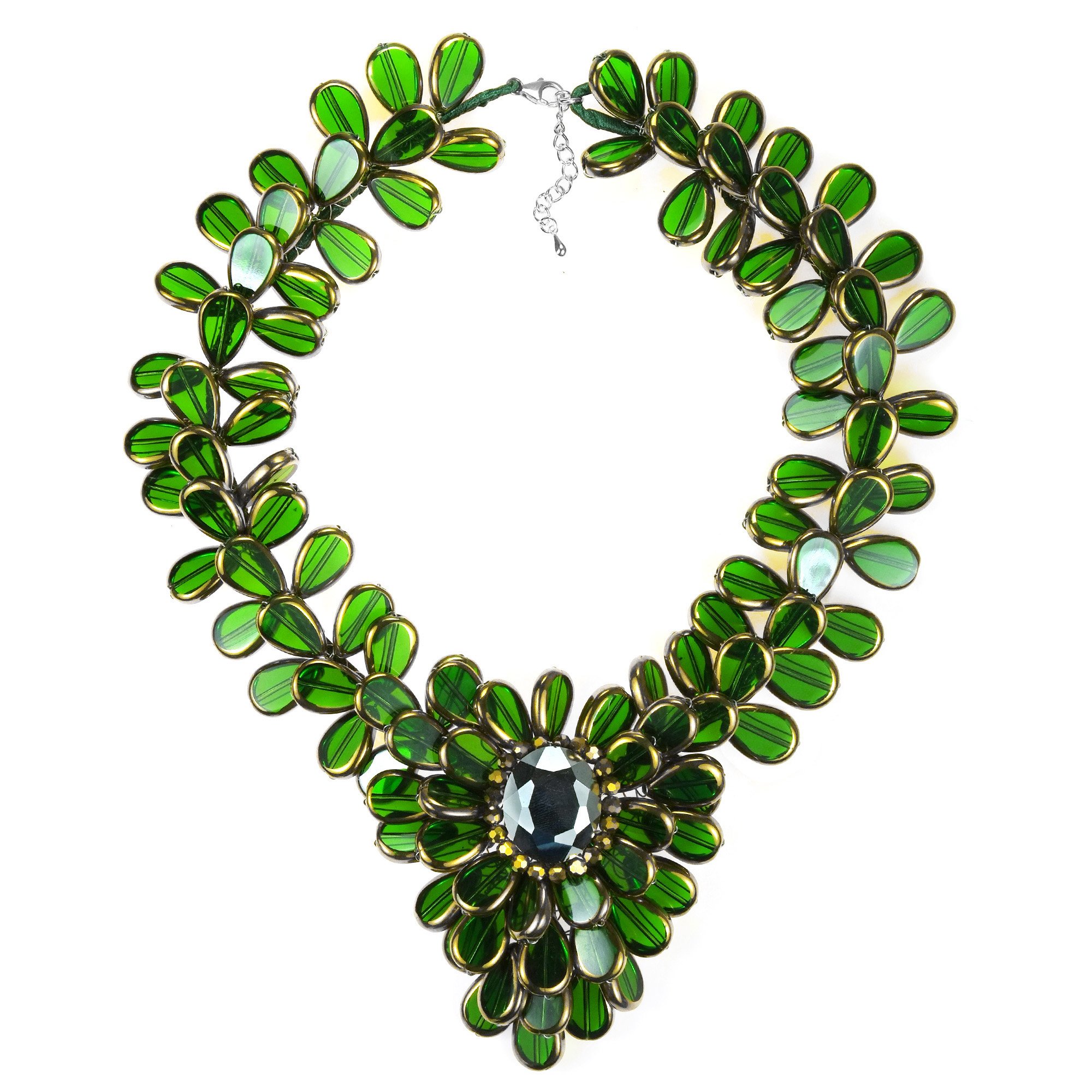 AeraVida 925 Sterling Silver Green Olive Branch Necklace Set - Elegant Glass Flower Pendant Jewelry for Women, Perfect for Weddings, Parties & Everyday Wear
