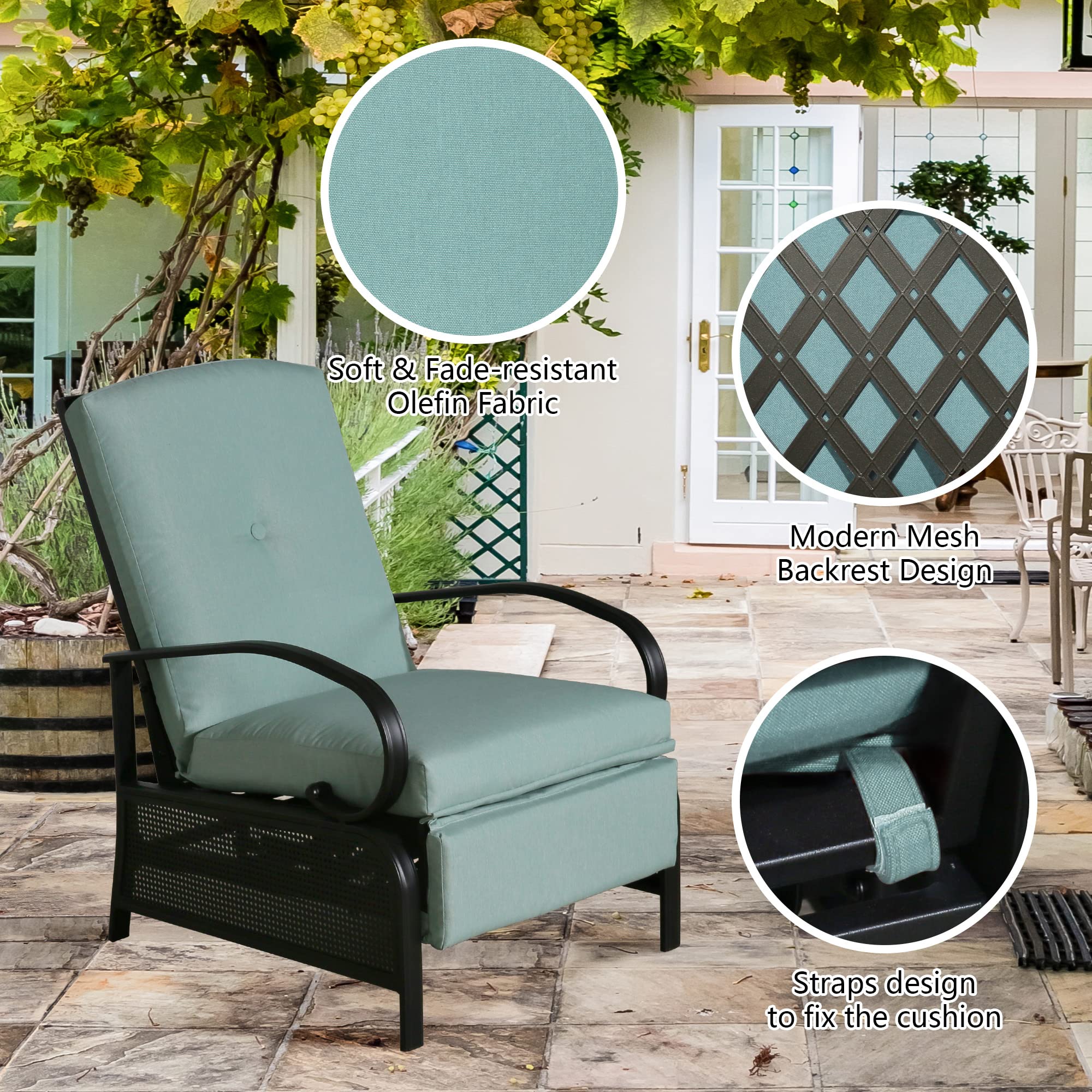 Adjustable Outdoor Reclining Lounge Chair - Patio Recliner with Sturdy Extendable Metal Frame & Removable Cushions - Perfect for Backyard, Poolside, Beach Relaxation & Sunbathing (Mist)