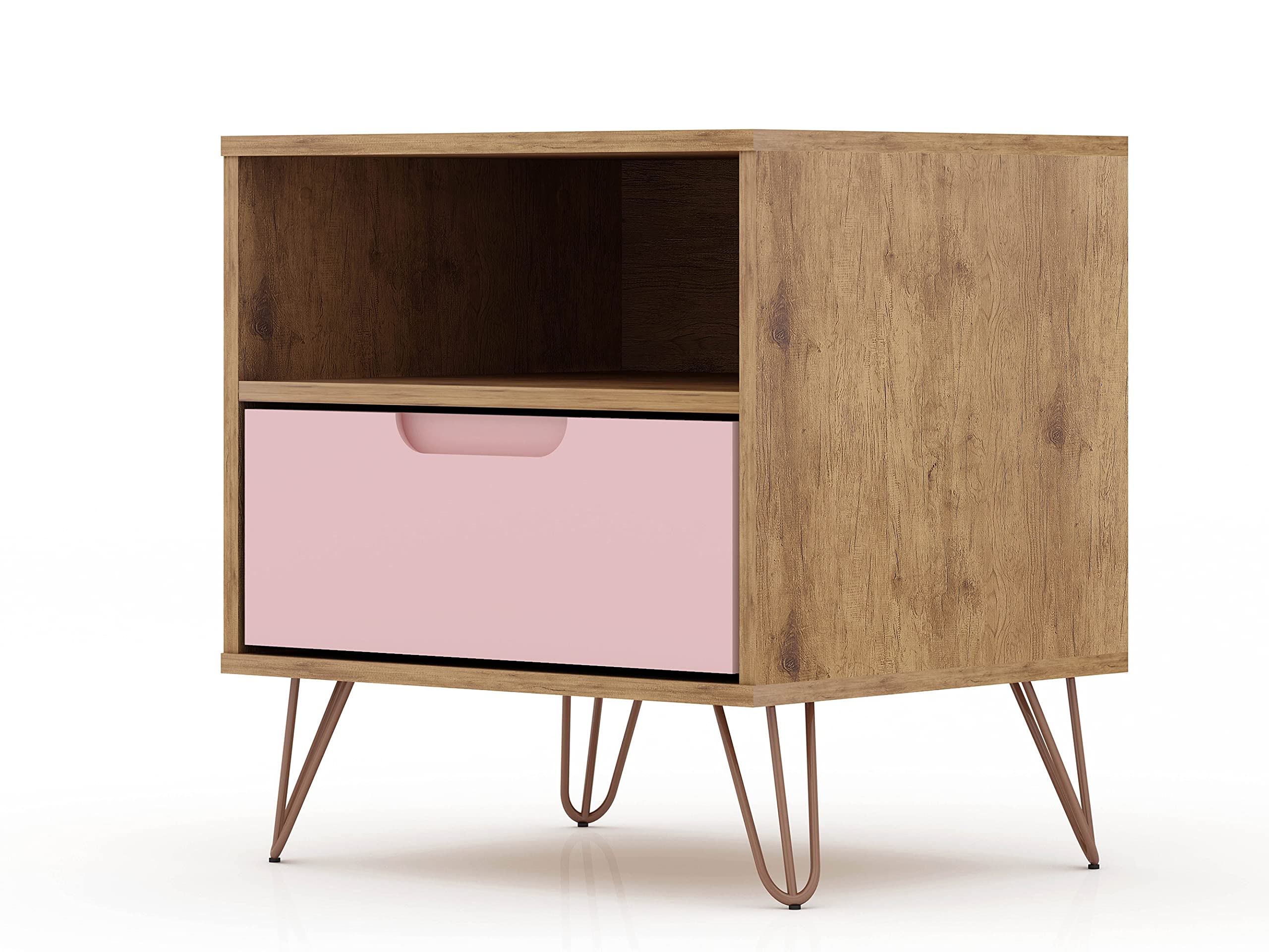 Mid Century Modern Nightstands Set of 2 with Drawer & Cubby - Pink Bedside Tables for Bedroom & Living Room | Functional Storage Organizer for Books, Lamps & Bedroom Essentials
