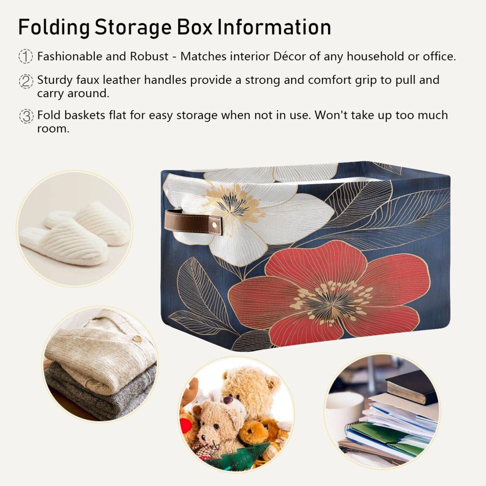 Large Fabric Storage Bins with Handles - Collapsible Organizer for Clothes, Toys & Home - Floral Sketch Design