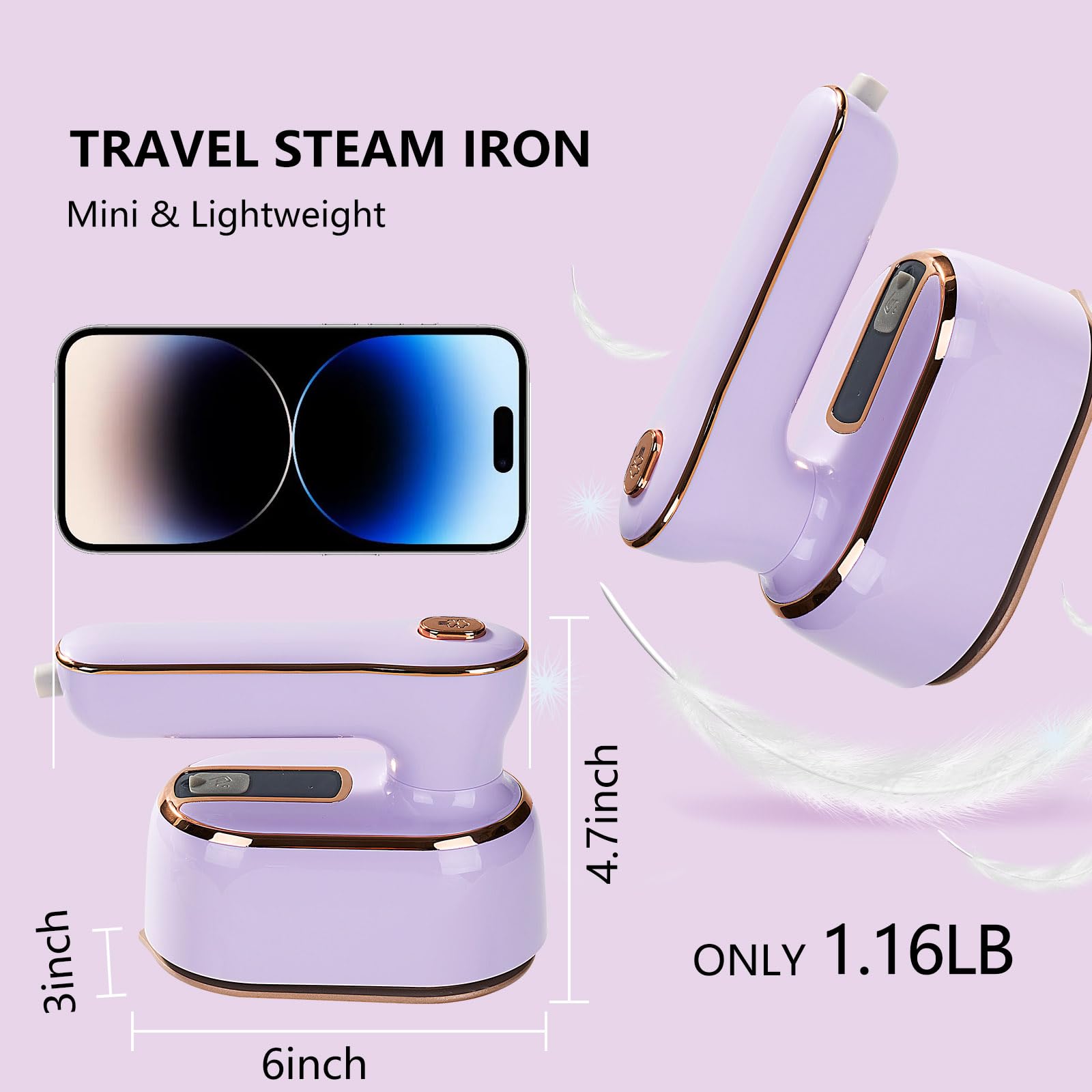 BYMECOST Mini Travel Steamer Iron - Portable Handheld Clothes Steamer 1000W Fast Heating (5 Seconds) with 180° Rotatable Nozzle - Perfect for Travel, Business Trips & Home Use (Purple)