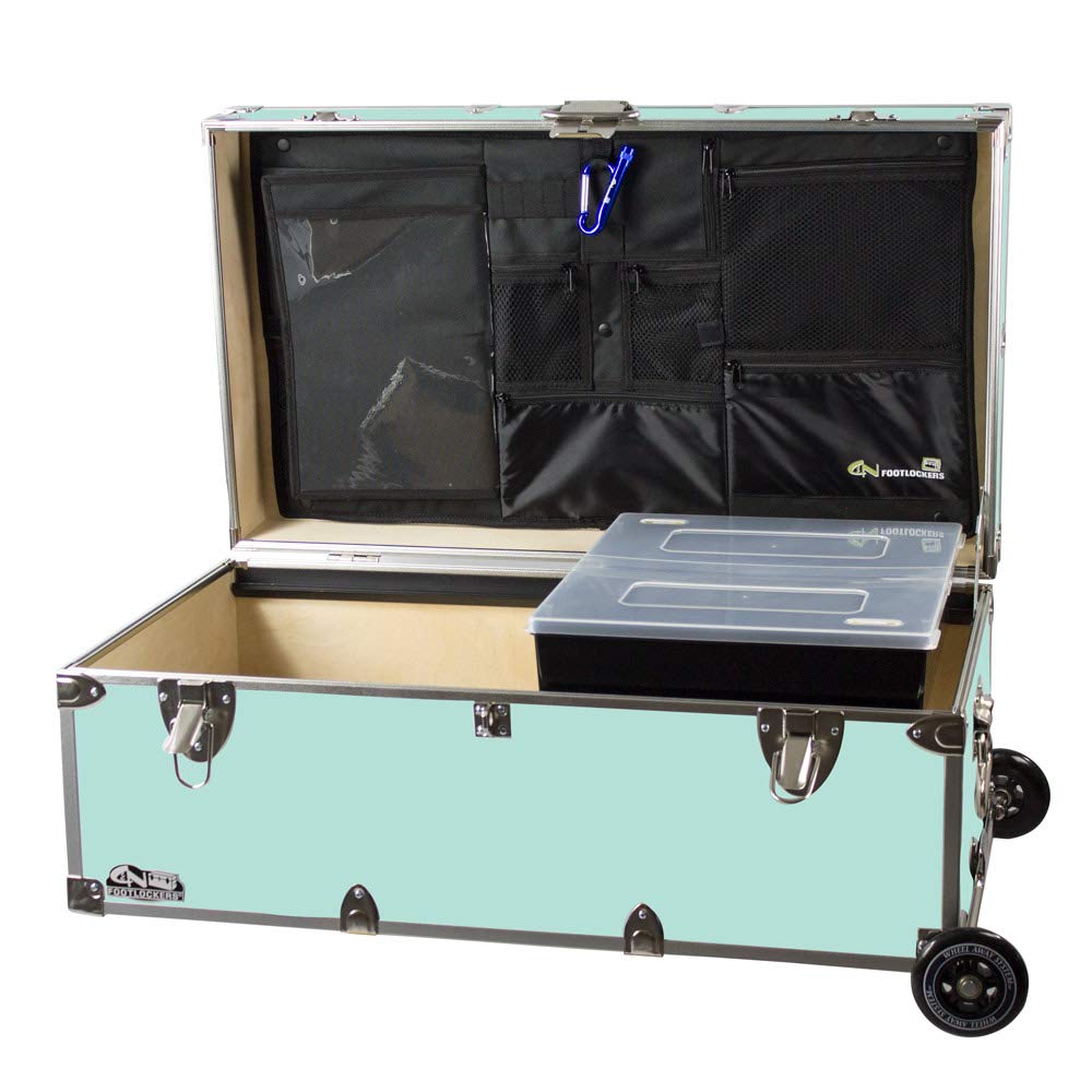 **C&N Footlockers - Full-Size Happy Camper Trunk with Wheels, Tray & Lidmate Organizer - Durable Steel Footlocker for Summer Camp, College Dorm, or Military Use - Made in USA - 32 x 18 x 13.5 Inches (Mint Green)**    *(Use Cases: Perfect for storing summer camp gear, organizing college dorm essentials, or military storage needs.)*