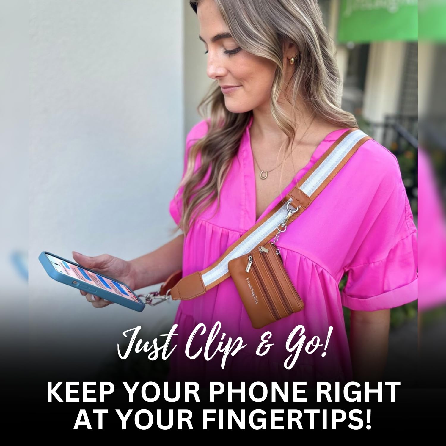Original Clip and Go Phone Strap with Zipper Wallet Pouch - Crossbody Phone Lanyard in Stripe Copper/Silver/White - Perfect for Travel, Shopping, and Everyday Convenience
