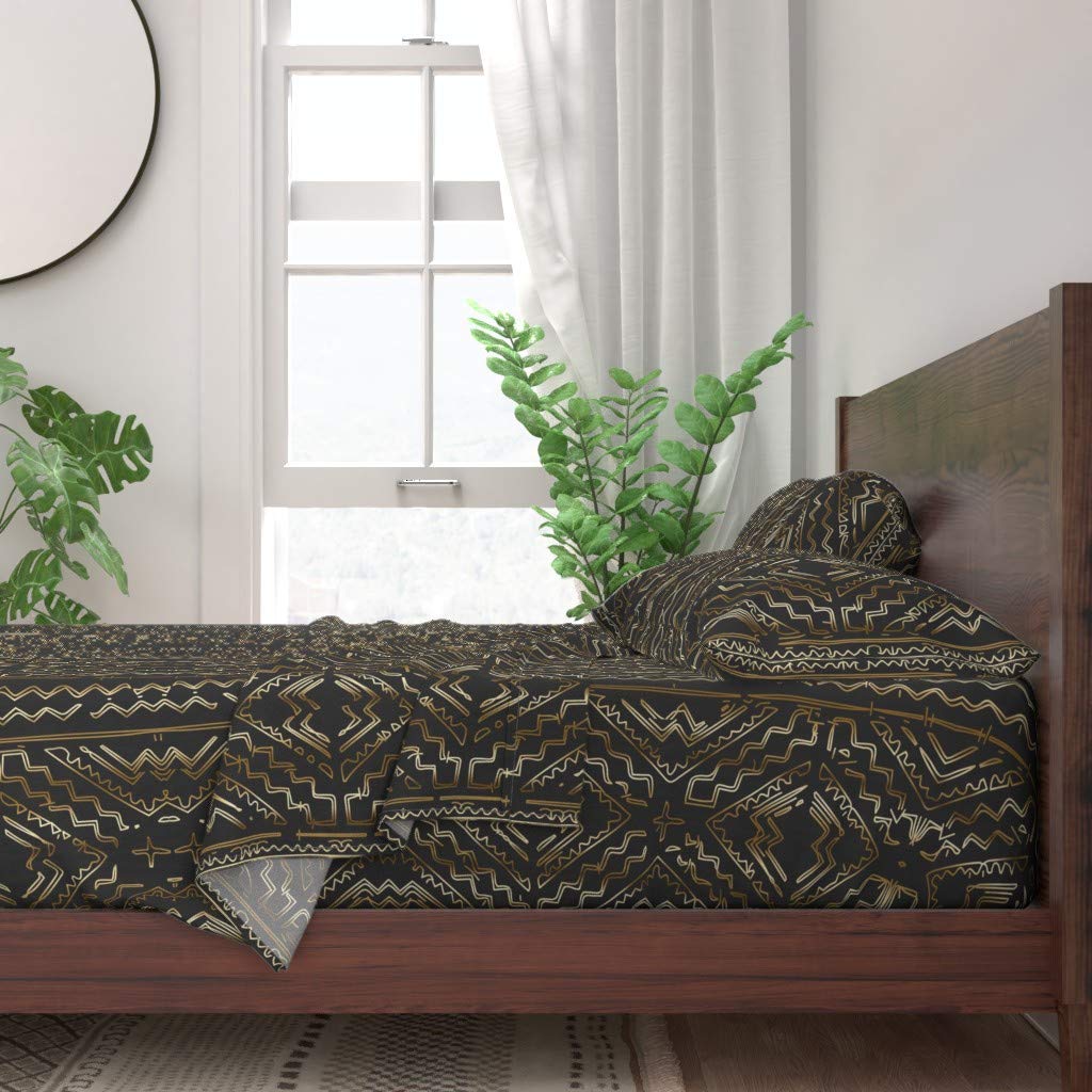 Premium 100% Cotton Twin Sheet Set 3-Piece - Gold Mudcloth African Print in Black, Gray, Brown & Earth Tones | Custom Bedding for Boho & Ethnic Home Decor | Perfect for Guest Rooms & Dorm Essentials