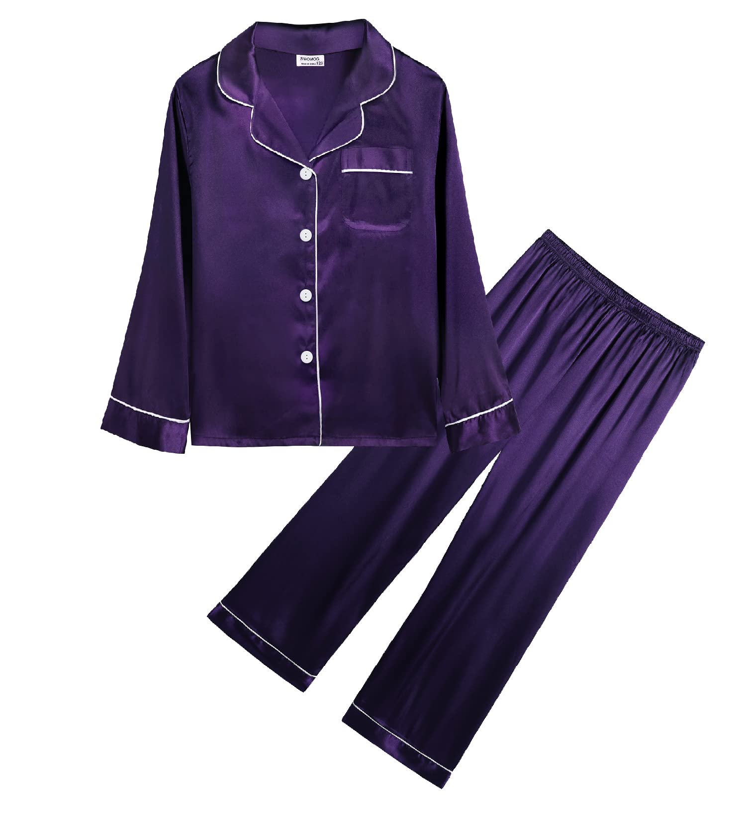 SWOMOG Kids Silk Satin Pajama Set for Girls & Boys - Button Down 2-Piece Long Sleeve Sleepwear - Soft & Comfortable White PJS for Bedtime, Lounging & Family Matching Outfits