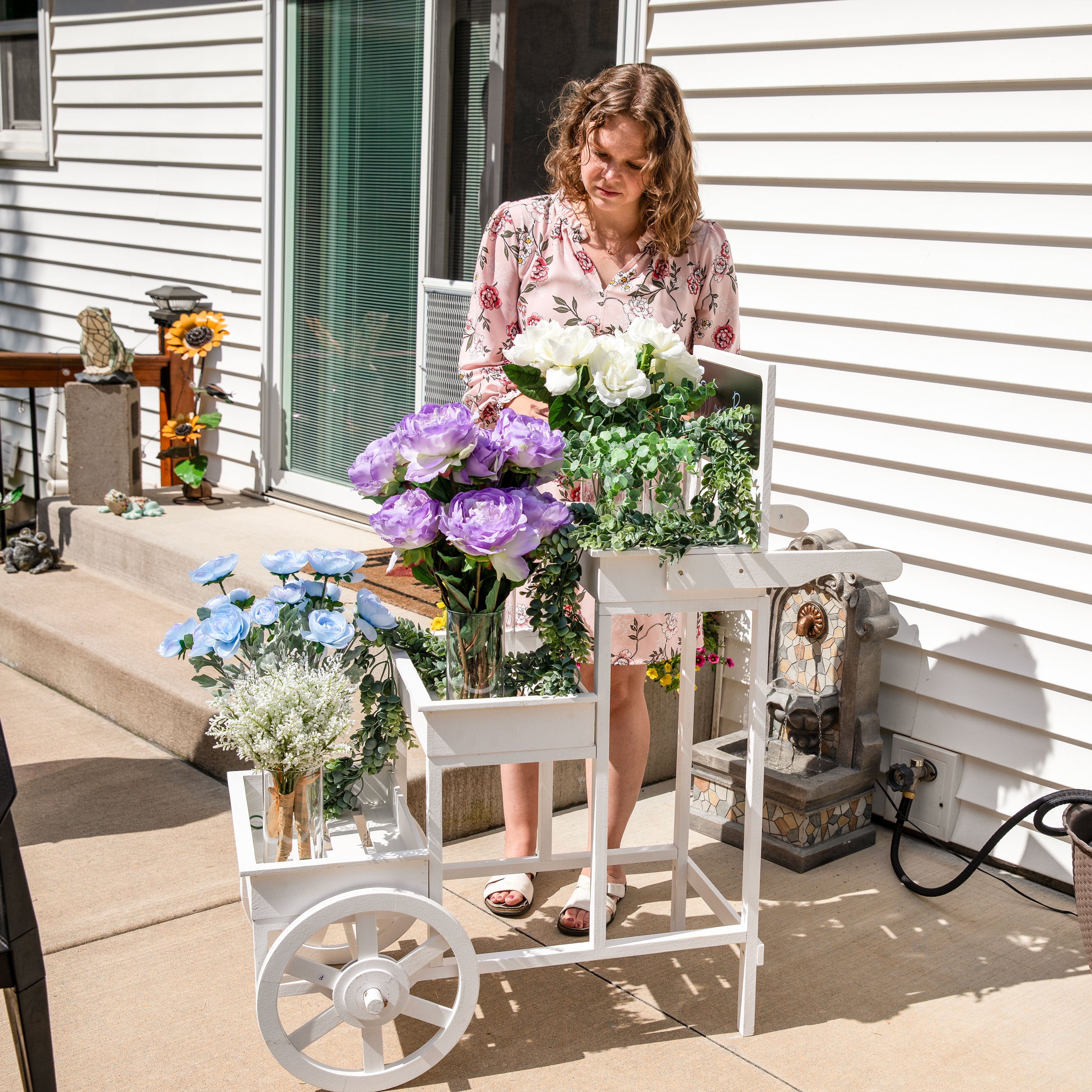 3-Tier Rolling Flower Cart Stand with Wheels - White Metal Garden Plant Display Rack for Indoor & Outdoor Decor, Patio, Balcony, and Backyard