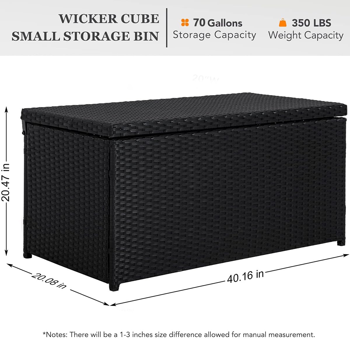 70 Gallon Outdoor Wicker Storage Box with Waterproof Liner - PE Rattan Patio Deck Box with Hinged Lid for Cushions, Pillows & Towels - Weatherproof Horizontal Storage Bin for Backyard, Poolside & Garden (Black)