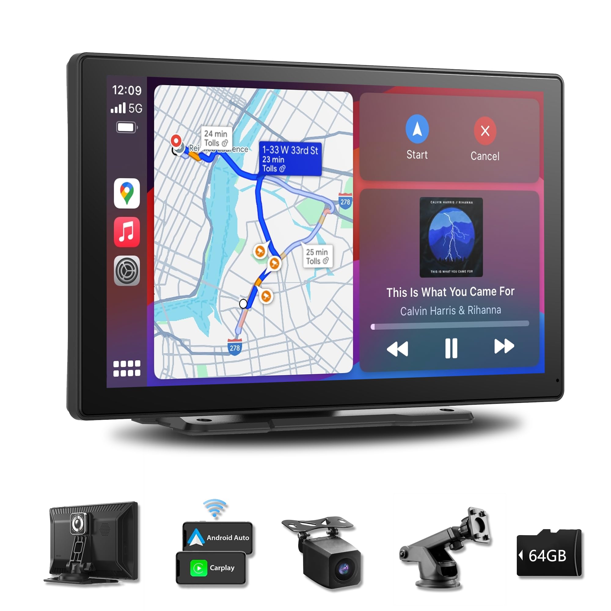 9-Inch Wireless Apple CarPlay & Android Auto Car Stereo - 4K Dash Cam with 1080P Backup Camera - Touchscreen GPS Navigation - Bluetooth & Voice Control - Universal Car Screen for All Vehicles - Perfect for Road Trips & Daily Commuting