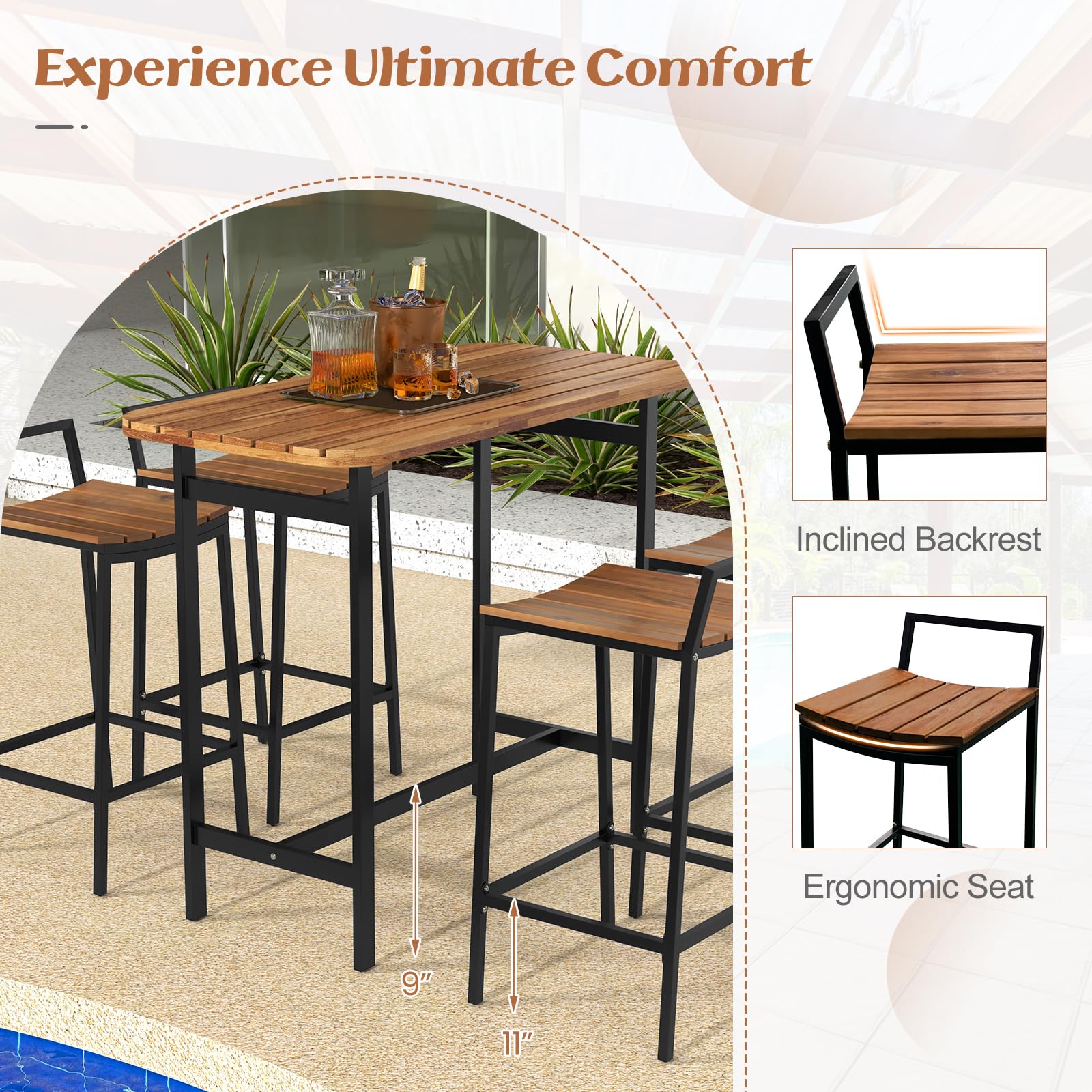 Tangkula 5-Piece Acacia Wood Outdoor Bar Table Set with Metal Frame & Footrest - Patio Bar Height Table & Chairs for 4, Perfect for Deck, Garden, Poolside & Backyard Entertaining