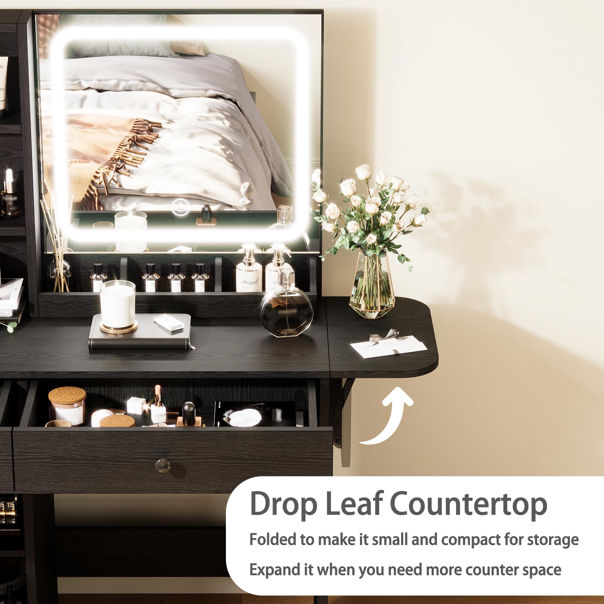 IRONCK Vanity Desk with LED Lighted Mirror, Power Outlet & Storage Stool - Makeup Dressing Table with Drawers & Cabinet for Bedroom, Black - Perfect for Beauty Routine & Home Decor
