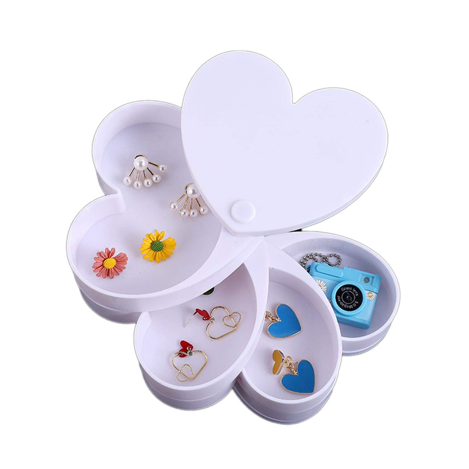 4-Layer Rotating Jewelry Storage Box for Women - Small Travel Jewelry Organizer with Earring Holder, 4.7 x 4.33 Inches (White) - Perfect for Travel, Home Vanity & Gift Giving
