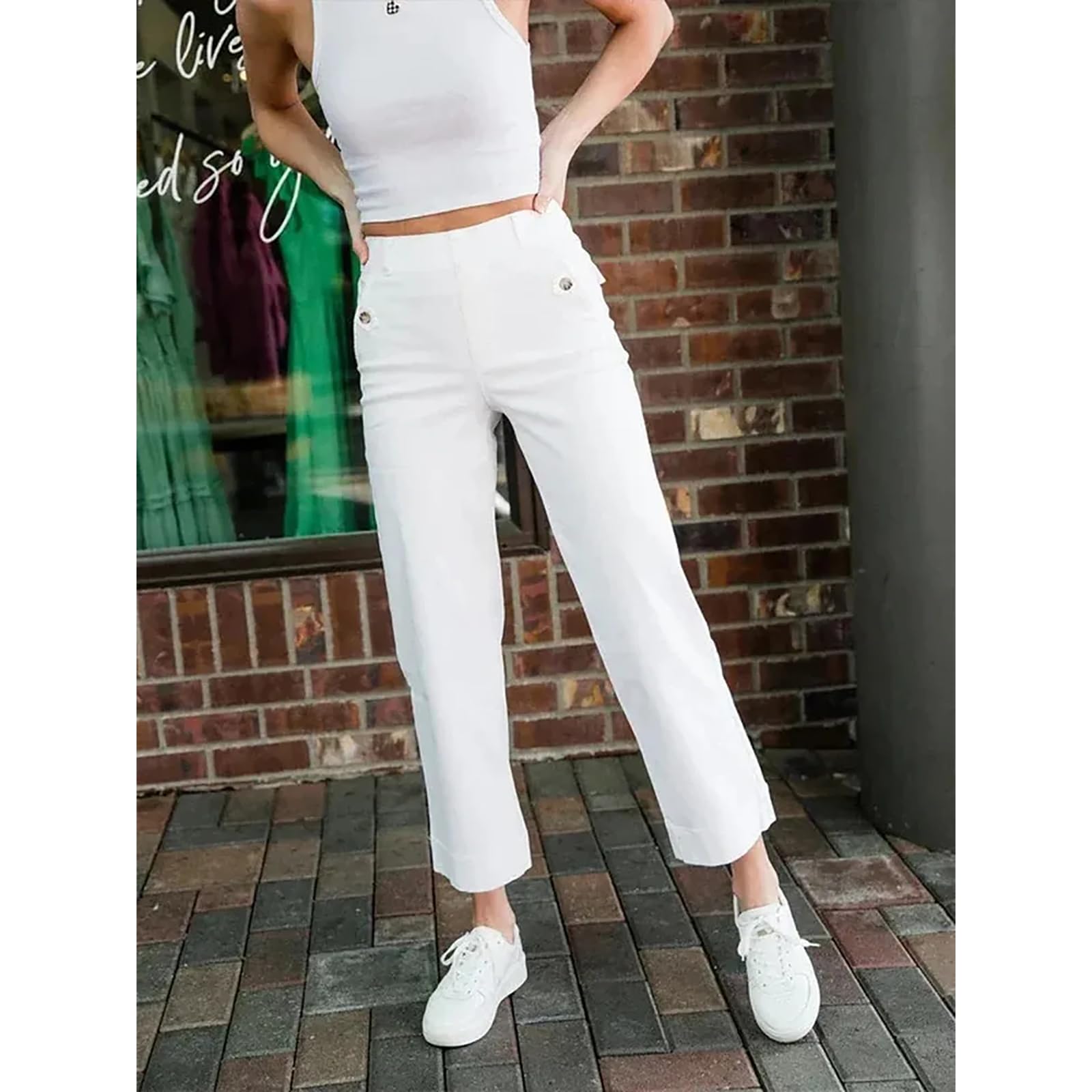 Women's High Waist Stretch Twill Cropped Wide Leg Pants - Straight Leg Chino Jeans with Pockets | Casual Workwear & Summer Outfit Essential