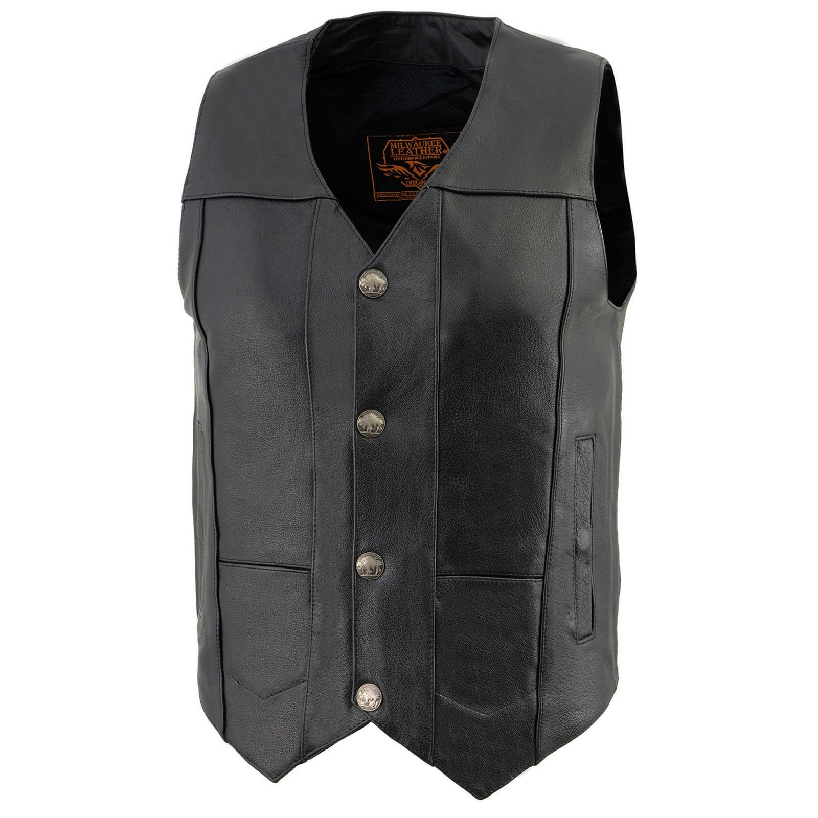 Milwaukee LKM3700 Men's Black Leather Motorcycle Vest - Classic V-Neck Design with Buffalo Nickel Snaps Closure | Riding Gear for Bikers & Outdoor Enthusiasts