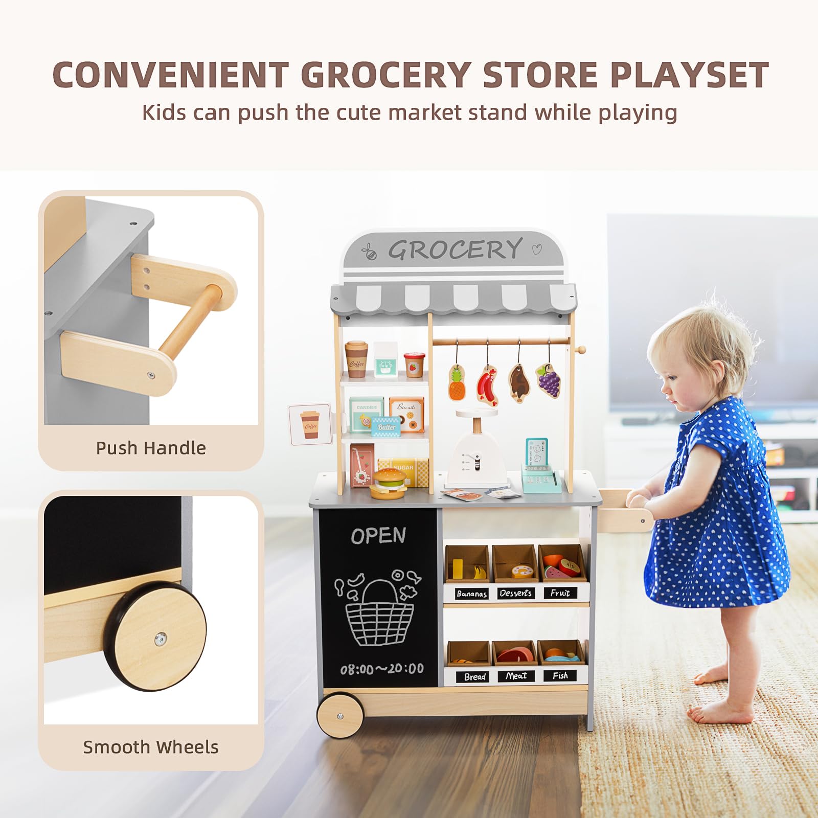 All-in-One Kids Grocery Store Pretend Play Set with Chalkboard, Reversible Design, Oven, Scale, Rolling Wheels & Cash Register - Educational Toy for Ages 3+ - Perfect for Role Play, Preschool Learning & Family Fun Time