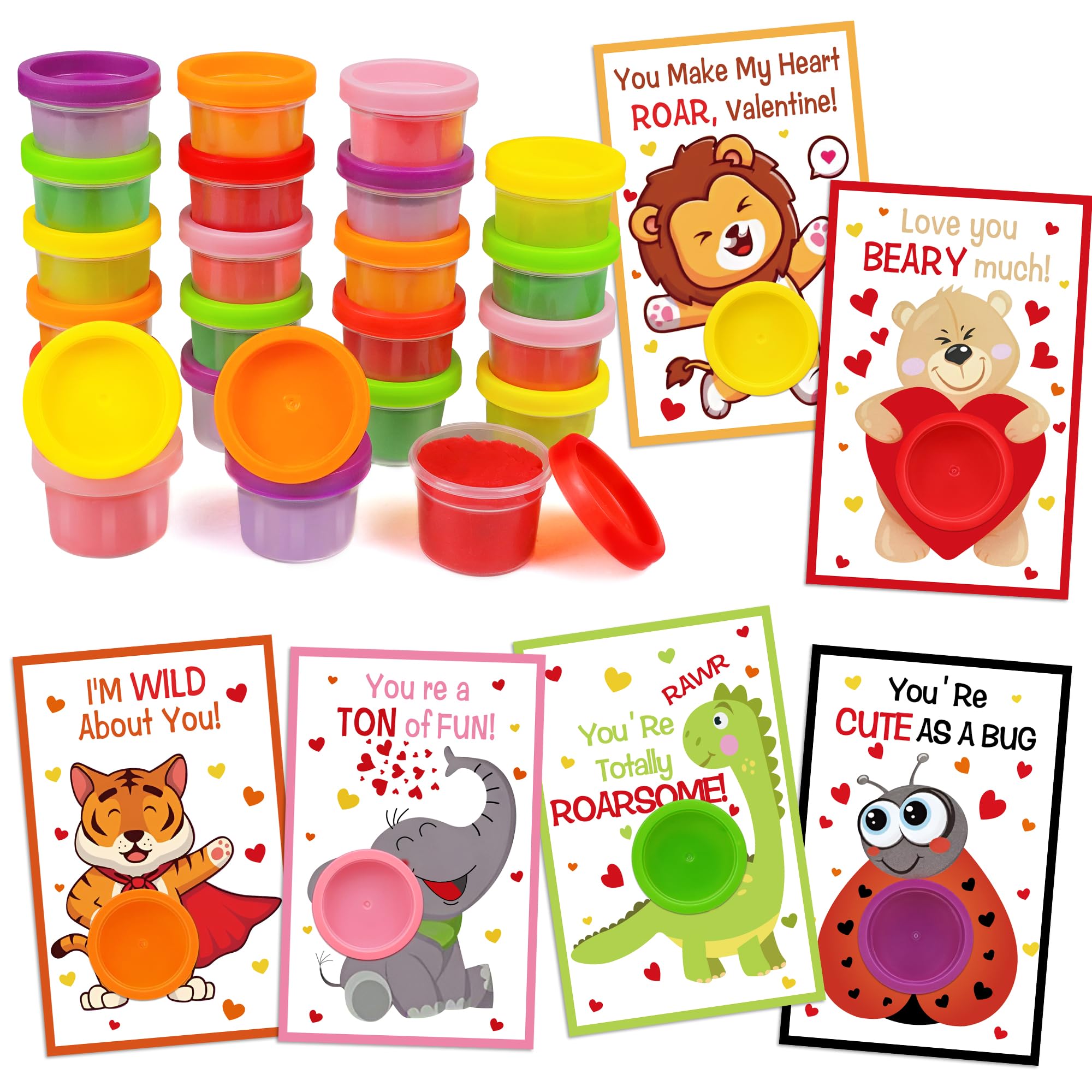 24 Pack Valentine's Day Cards for Kids with Play Dough - Classroom Exchange Cards, Party Favors & Goodie Bag Fillers - Perfect for School Valentine's Day Parties & Gift Exchanges