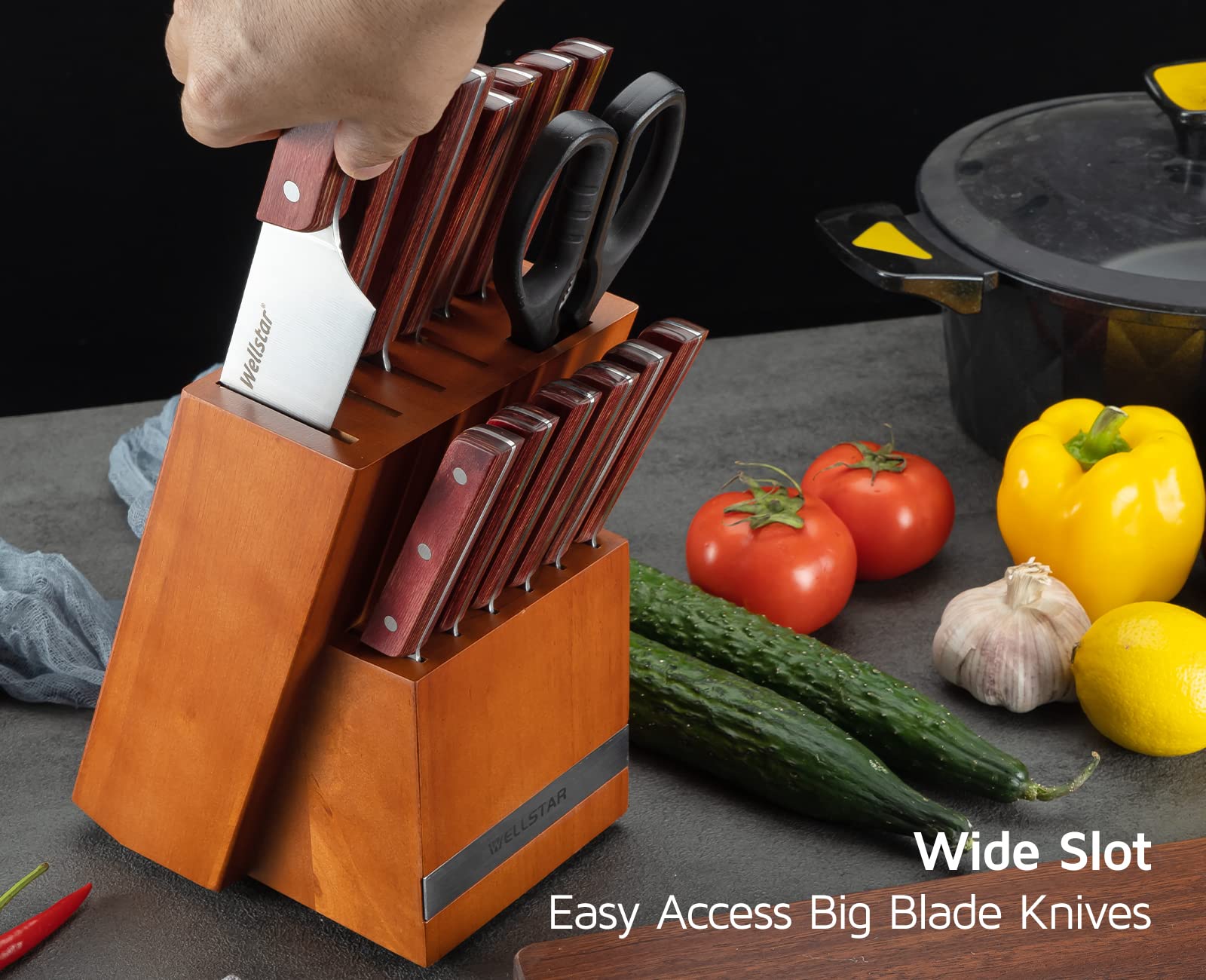 WELLSTAR 14-Slot Natural Wood Knife Block Holder - Hardwood Countertop Knife Storage Organizer (Brown) - Perfect for Kitchen Countertops, Chef's Knives & Cutlery Organization