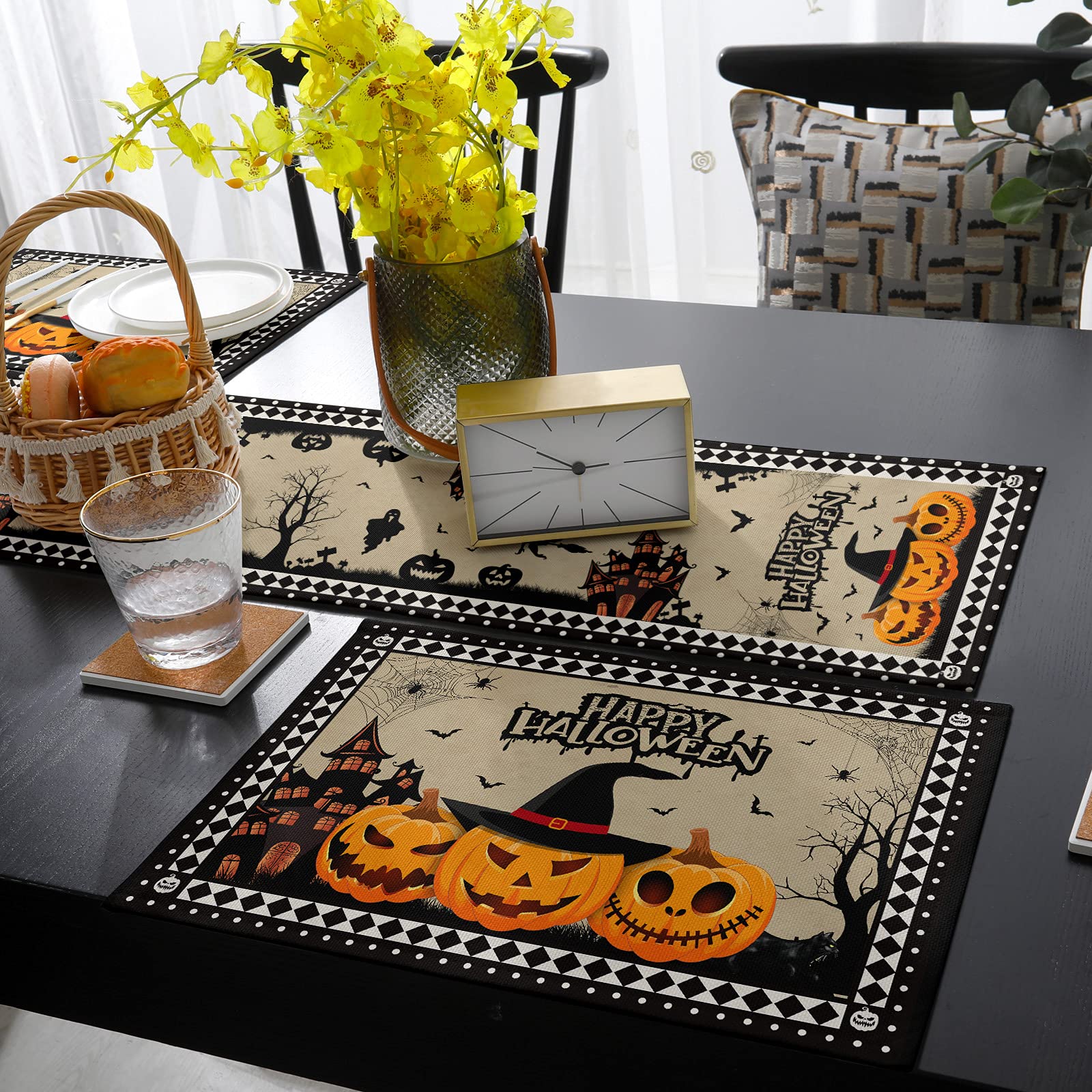 Happy Halloween Table Runner and Placemats Set - 6-Piece Pumpkin & Witch Hat Design with Haunted House Print - 90 Inch Heat-Resistant Cotton Linen Dining Table Runner & Washable Placemats - Perfect for Spooky Dinner Parties, Fall Decor, and Holiday Home Decorating
