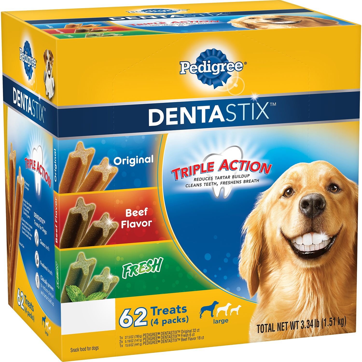 Pedigree DentaStix Dental Dog Treats Variety Pack - 62 Count (3.34 lbs) for Small, Medium & Large Dogs - Fresh Breath & Teeth Cleaning Chews - Perfect for Daily Oral Care & Training Rewards