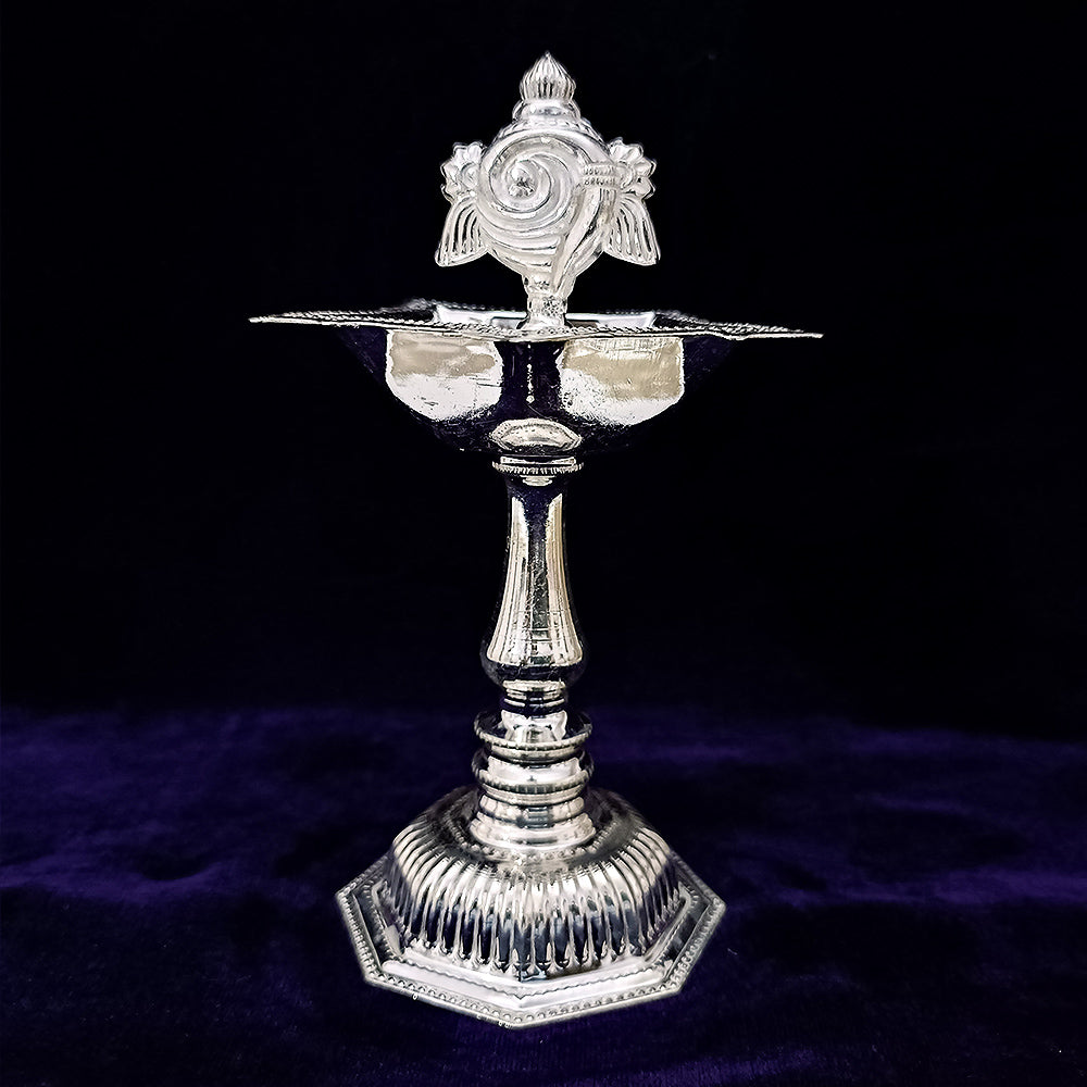 925 Sterling Silver Shankh Long Diya Pooja Lamp - Hindu Religious Ceremonial Oil Lamp for Home Temple, Puja Altar & Spiritual Decor (Design 51)