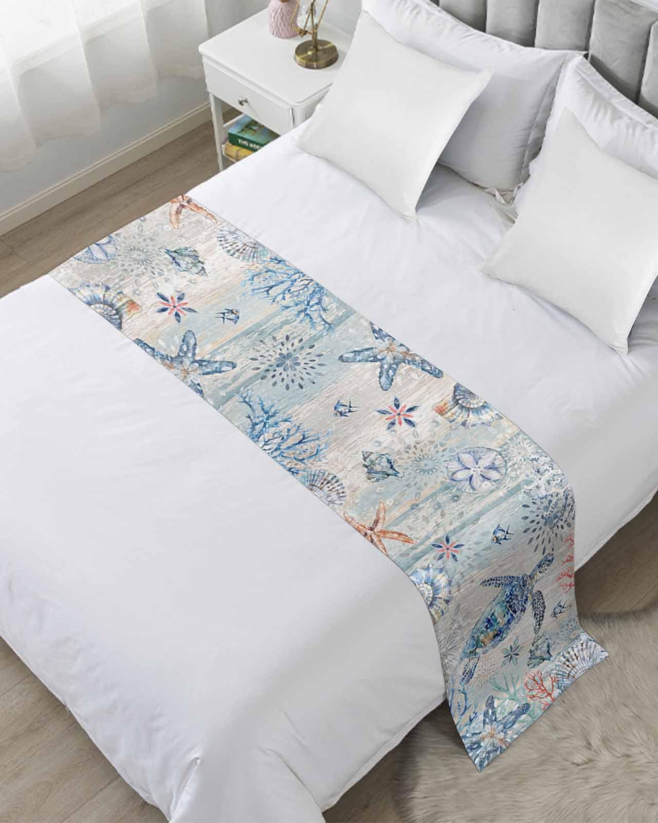 DecorLovee Coastal Sea Turtle King Size Bed Runner - Nautical Beach Decorative Throw for Foot of Bed, Sofa & Bedroom - Starfish Coral Design Bed Scarf Protector | Perfect for Beach House Decor & Coastal Theme Bedrooms