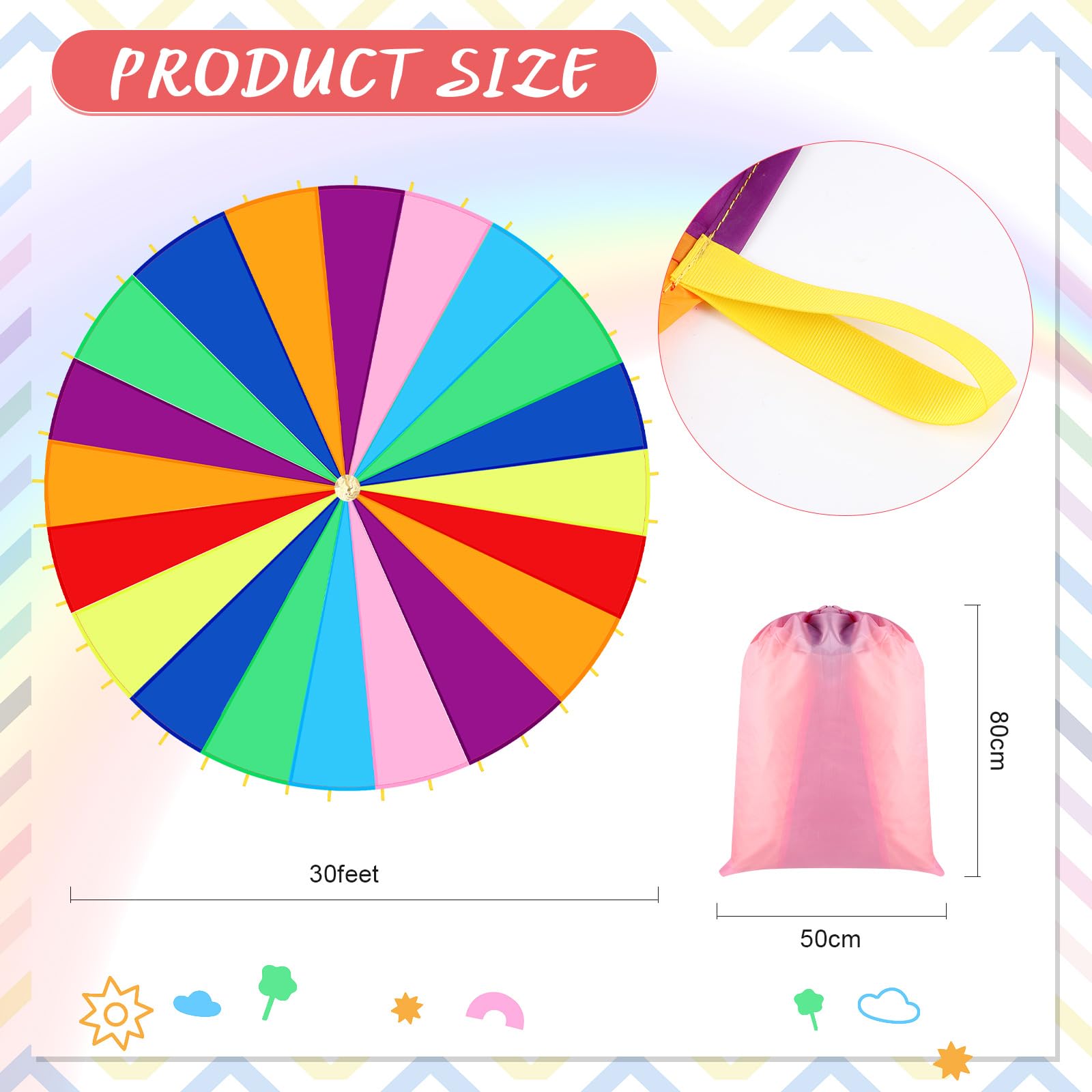 Large Rainbow Play Parachute with Handles - 12ft Colorful Kids Parachute for Indoor & Outdoor Games, Group Activities, Gym Class, Birthday Parties, and Playground Fun