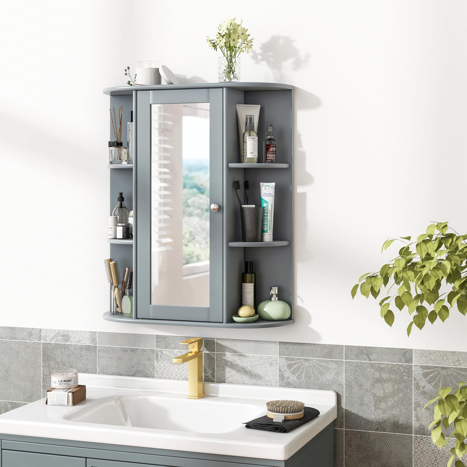 Tangkula Wall Mounted Bathroom Medicine Cabinet with Mirror Door - Adjustable Shelves, Removable Storage for Bathroom, Living Room & Laundry Room - Space Saving Grey Wooden Cabinet (Perfect for Small Spaces & Organized Storage)