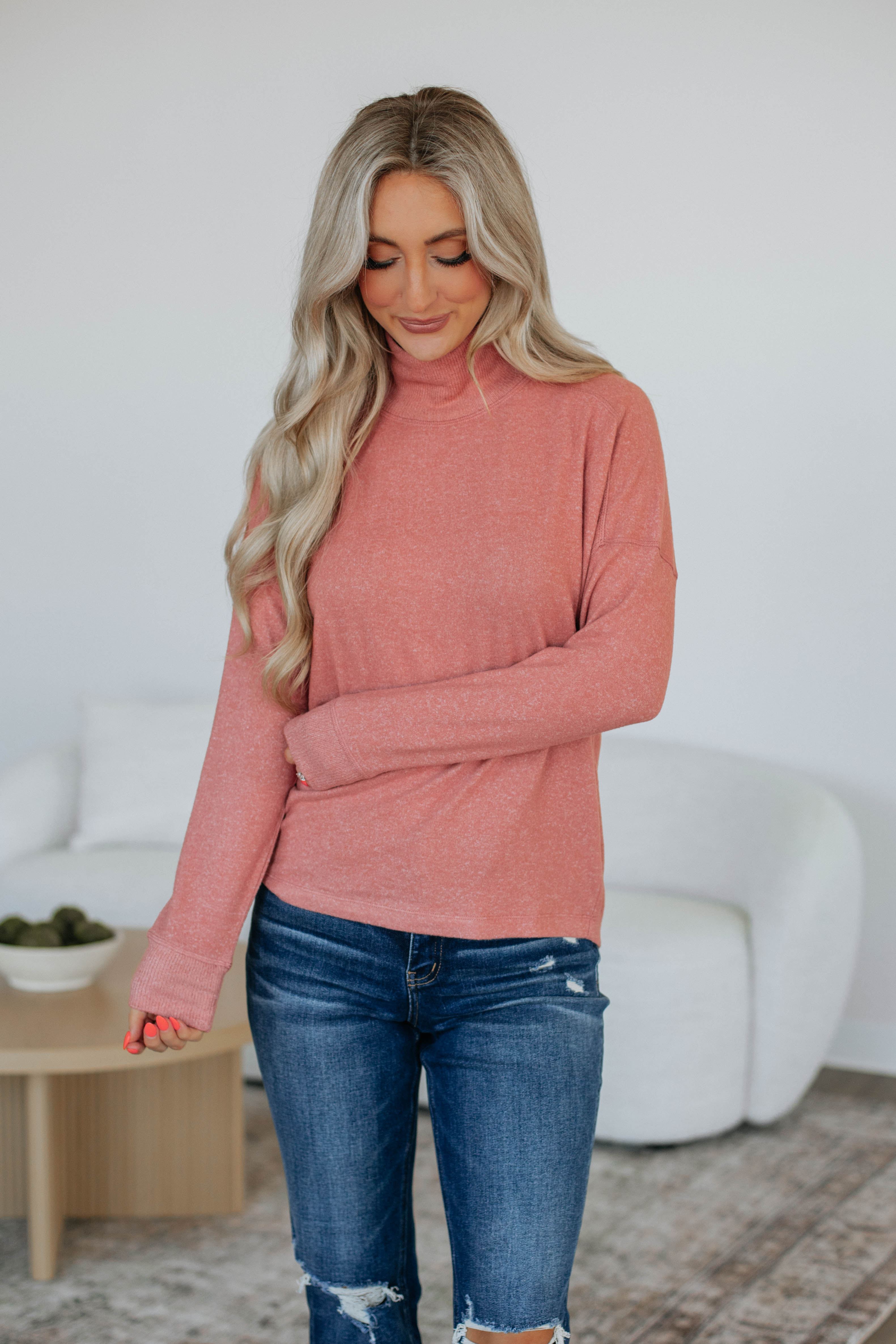 Marceline Women's Long Sleeve Blouse - Soft Stretch Casual Shirt in Salmon Pink | Perfect for Office Wear, Date Night & Fall Layering