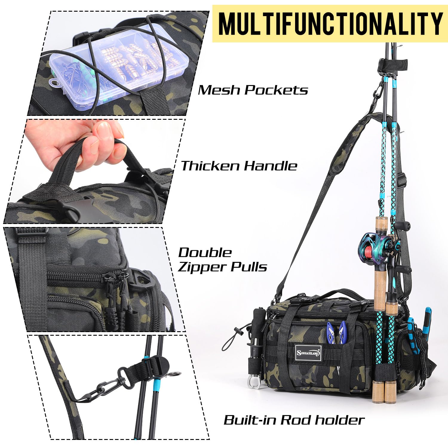 Sougayilang Fishing Tackle Storage Bag - Waterproof Padded Shoulder Strap Tackle Box Organizer for Saltwater & Freshwater Fishing Gear - Durable Green Fishing Accessories Bag - Perfect for Boat, Shore & Kayak Fishing Trips