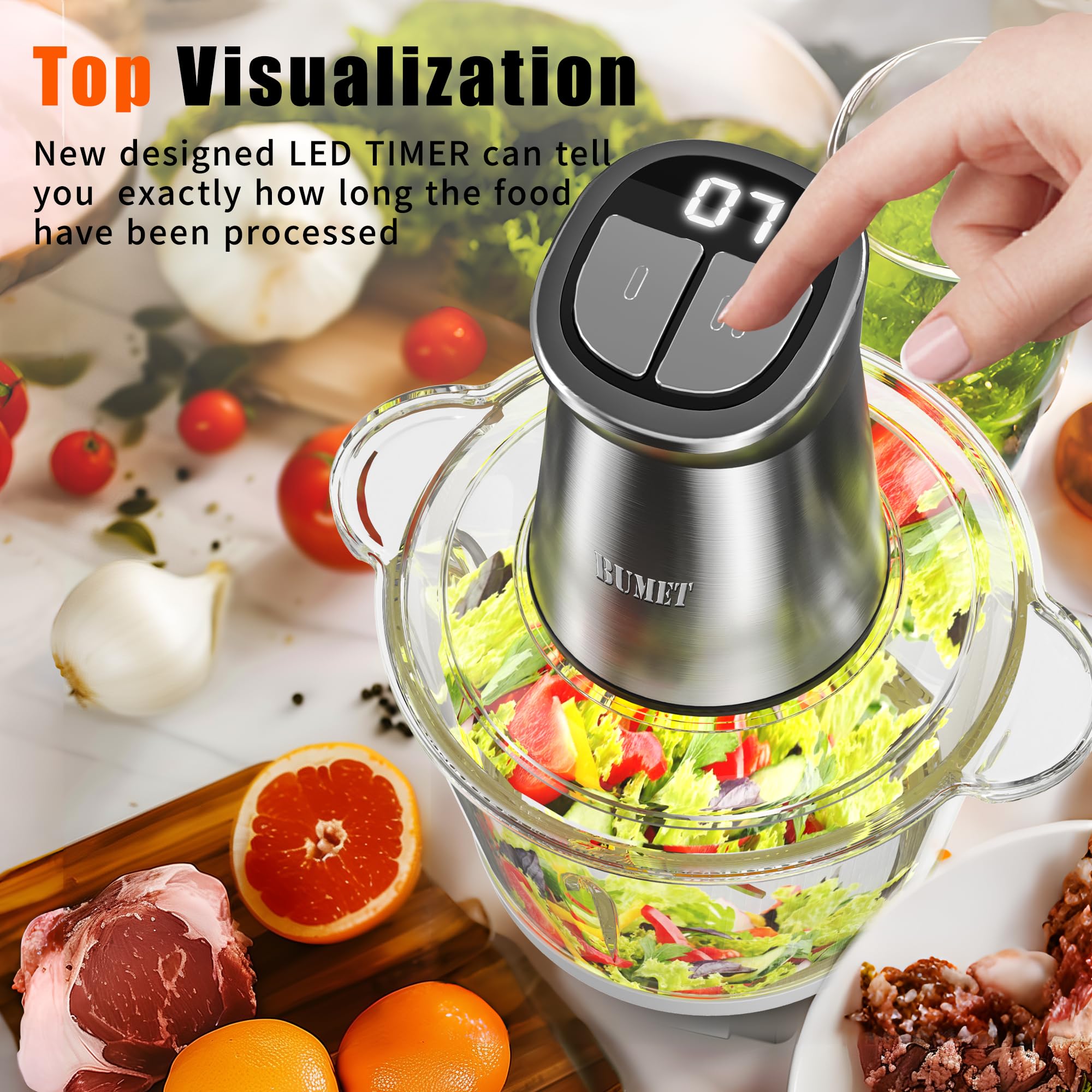 800W Electric Food Processor & Meat Grinder - 2x12 Cups Capacity with LED Timer, 6 Blades & 3 Layers - Perfect for Mincing, Pureeing Vegetables - Ideal for Home Kitchen, Pet Food & Baby Food Preparation by BUMET | Great for Meal Prep, Smoothies & Healthy Cooking