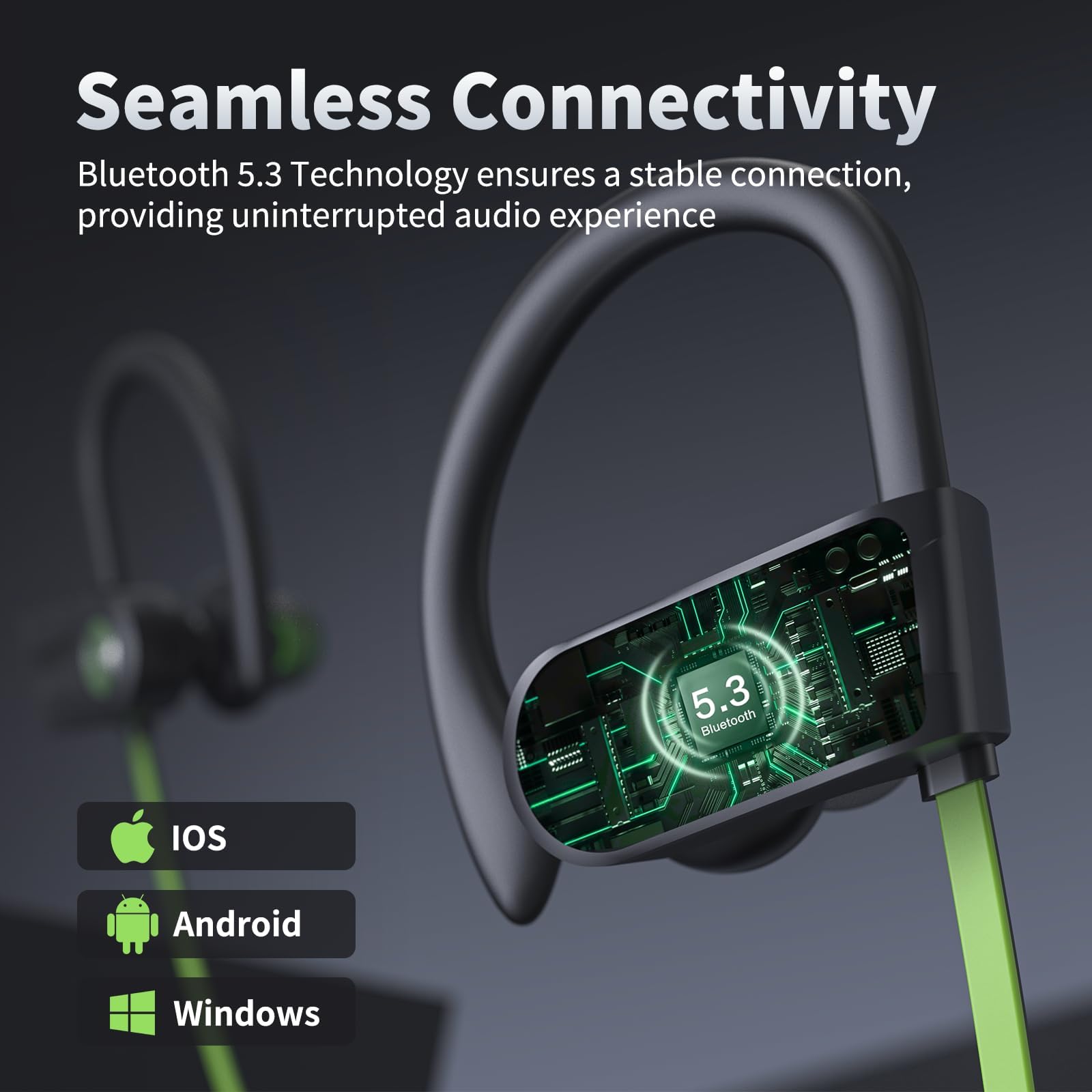NUASI Bluetooth 5.3 Wireless Headphones - HD Stereo Sound, Deep Bass, IPX7 Waterproof Earphones for Running, Gym, Workout & Sports | Noise Isolation | Long Battery Life | Perfect for Commuting, Travel & Outdoor Activities (Green)