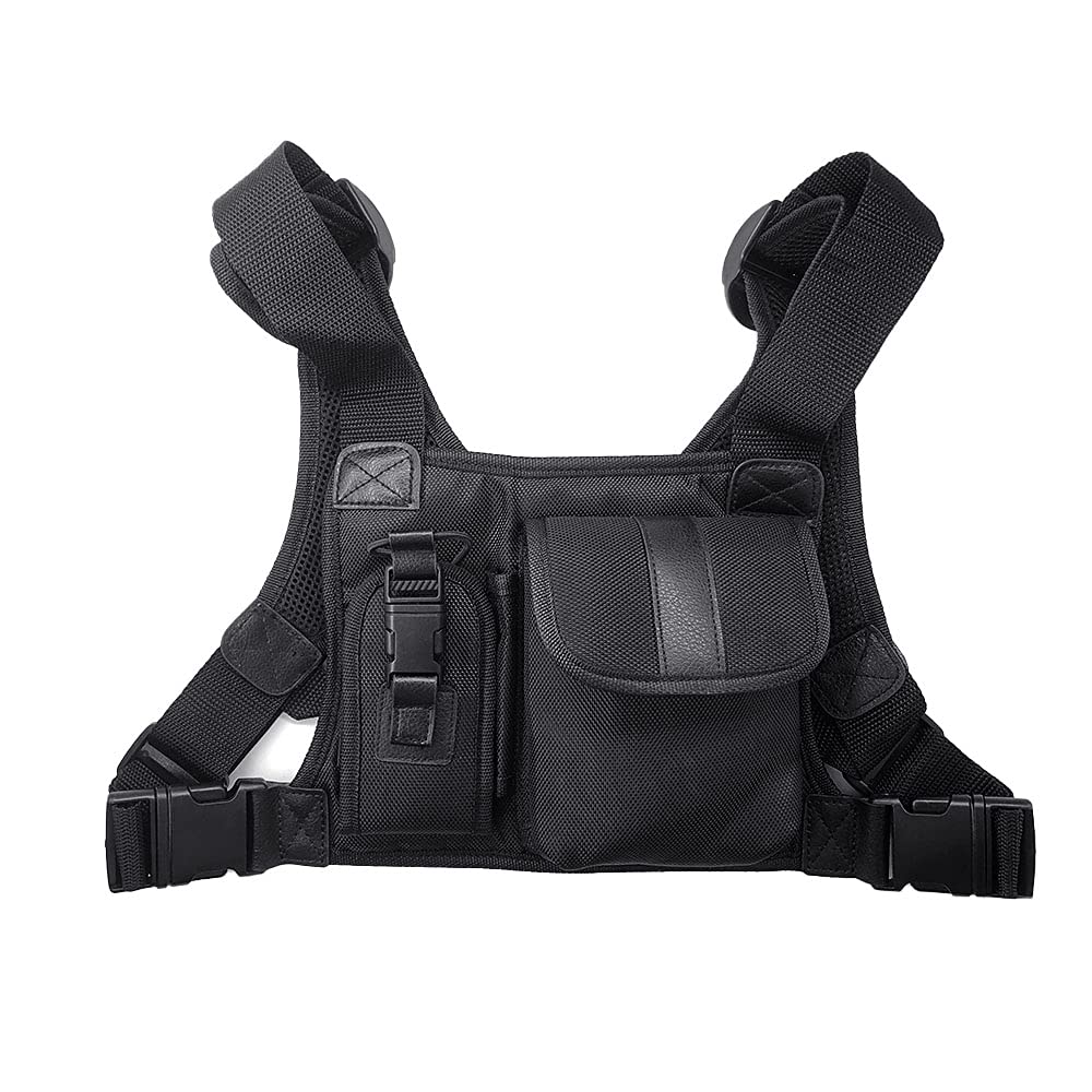 Universal Hands-Free Vest Rig Chest Harness Bag Holster for Baofeng UV-5R, BF-F8HP, UV-82, TYT, Motorola, Kenwood Two-Way Radios & Walkie Talkies (Black, Small) - Perfect for Outdoor Adventures, Hiking, Construction & Emergency Communication
