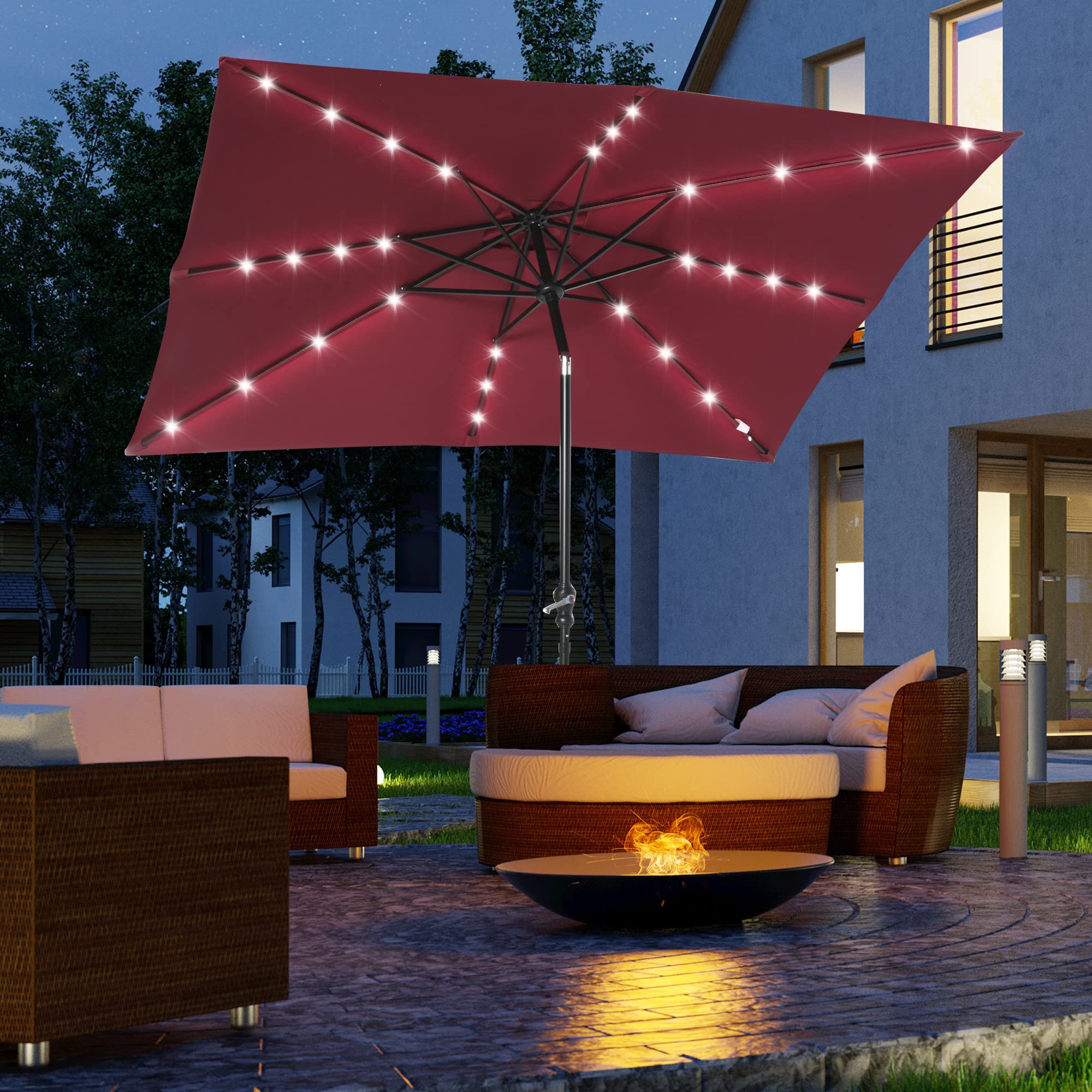 Outsunny 9' x 7' Solar LED Patio Umbrella with Tilt & Crank - Waterproof Outdoor Market Umbrella for Garden, Deck, Backyard, Pool & Beach - Perfect for Dining, Lounging and Outdoor Entertaining