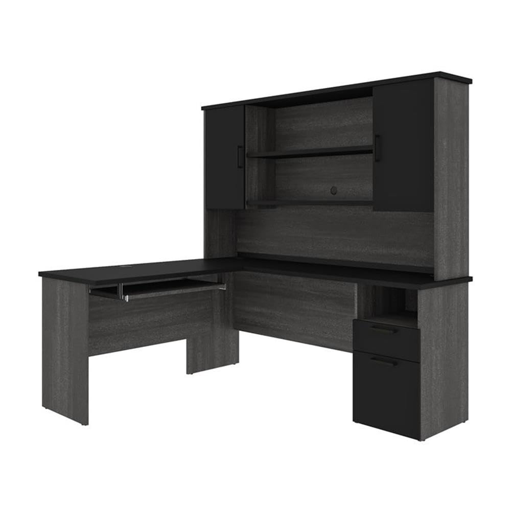 Modern L-Shaped Computer Desk with Hutch - Black & Bark Gray Finish for Home Office, Gaming & Workspace - Spacious Workstation with Storage Shelf & Keyboard Tray